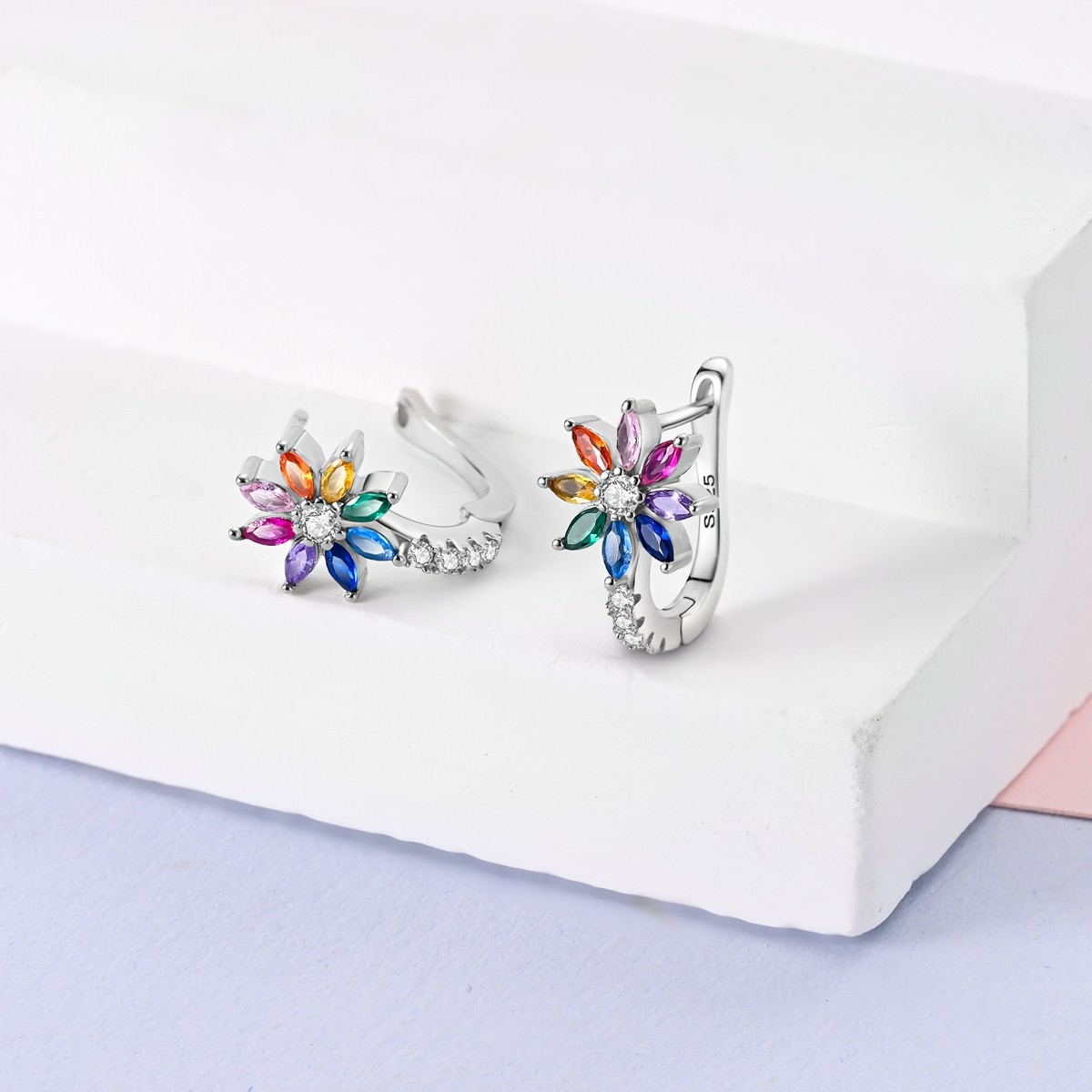 LAZA Original Women CZ Rainbow Flower 925 Sterling Silver Hoop Earrings Jewelry