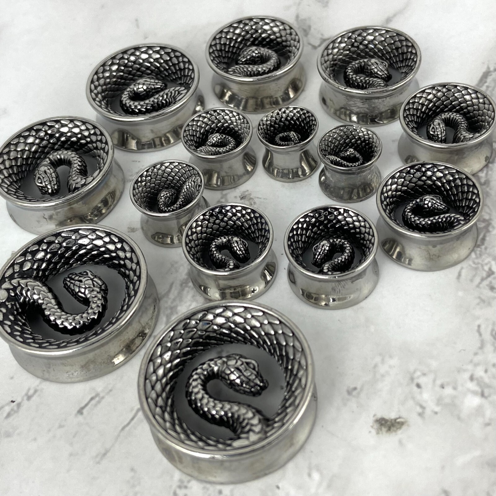 Pair of 316L Steel Snake Double Flare Tunnels (PS-292, STEEL) gauges plugs