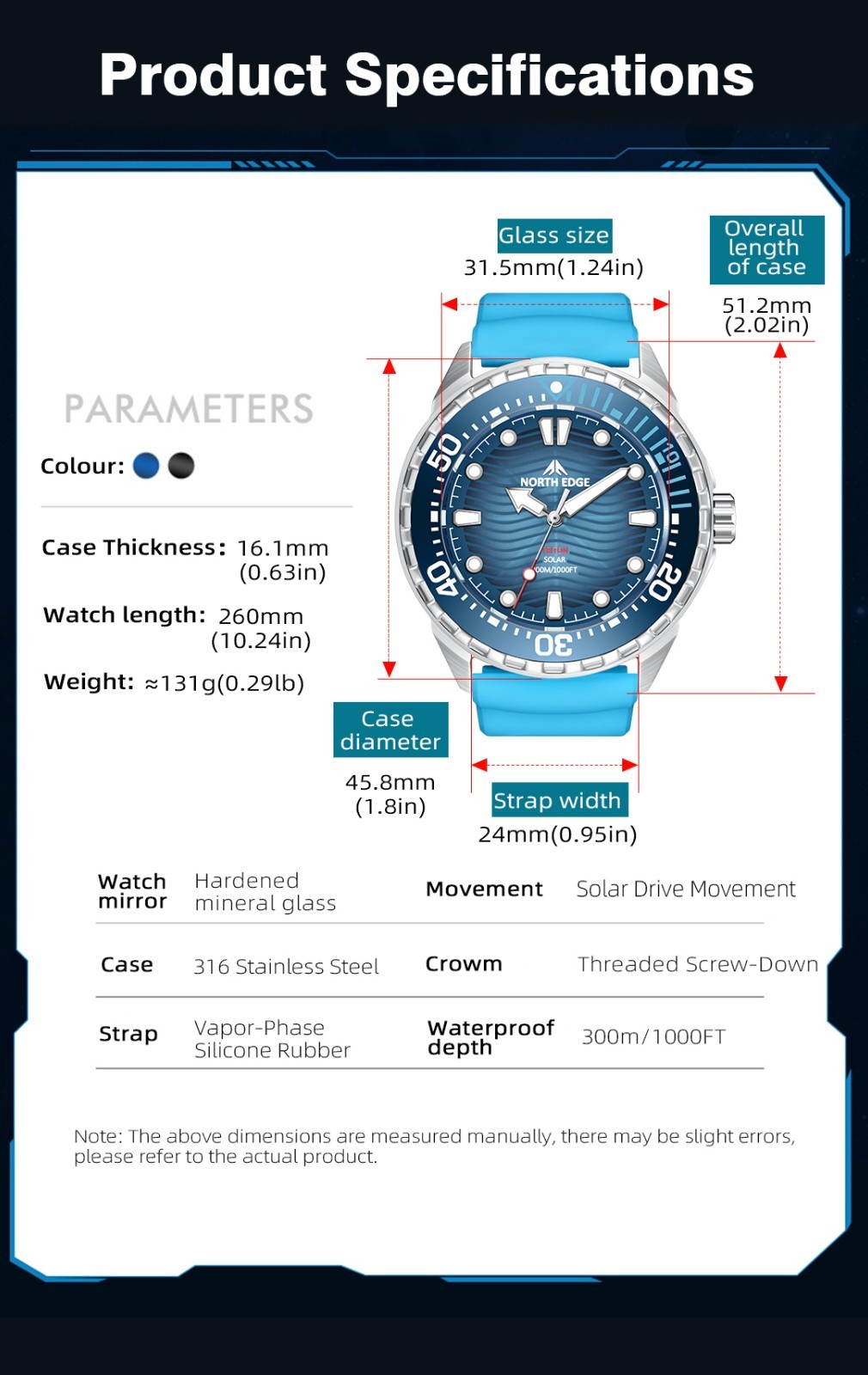 NORTH EDGE TRITON Solar Powered Dive Watch Quartz Watch Men 316L Stainless case