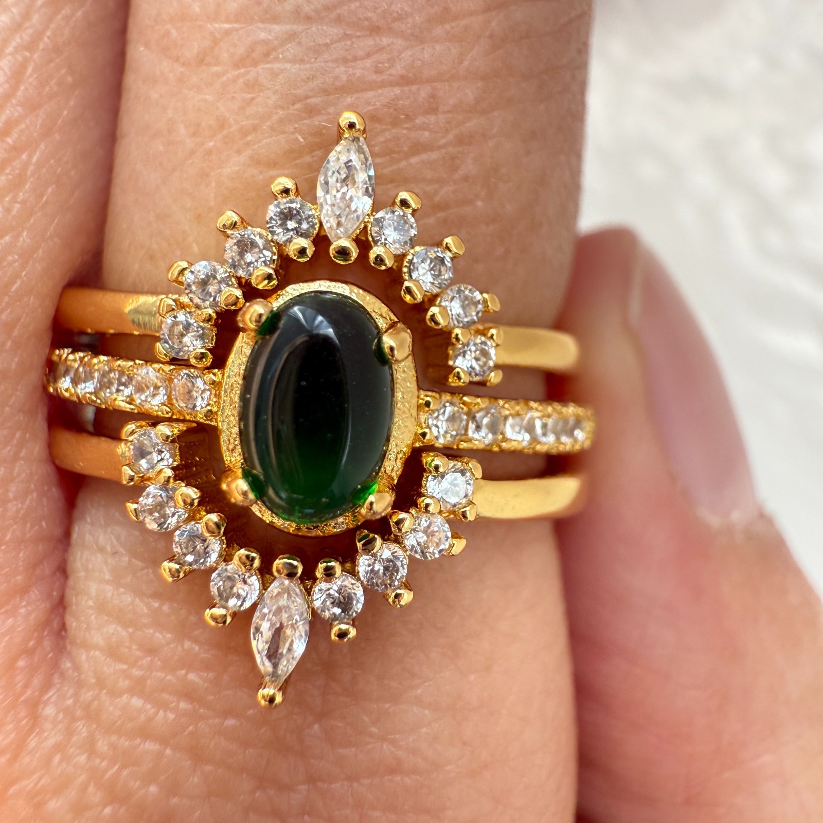925 Sterling Silver Ring 3in1 6x4mm Green Natural Emerald Gemstone Zircon Flower