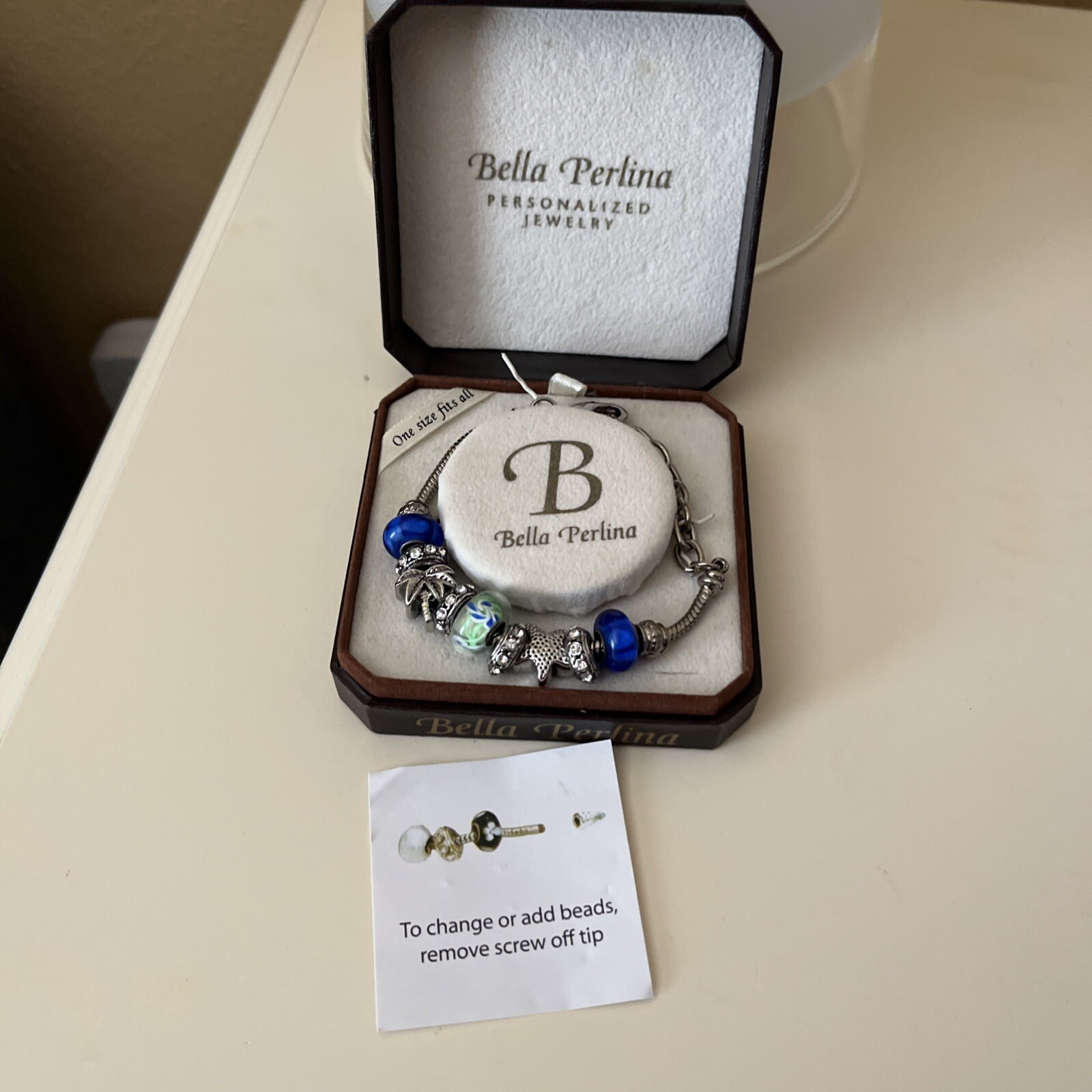 NIB~Bella Perlina European Charm Bracelet – Themed Tropical, Blue, Silver