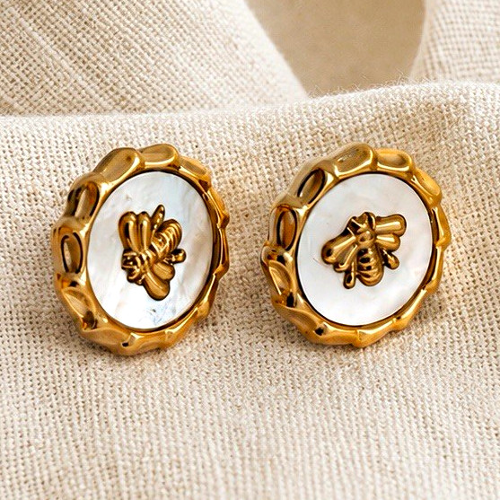 18K Gold Plated Bee Stud Earrings Iridescent White Stainless Steel
