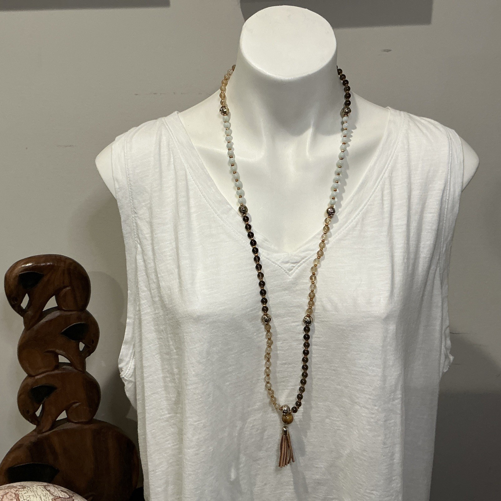 Marlyn Schiff Brown, Beige, Sage Natural Stone Necklace Faux Leather Tassel