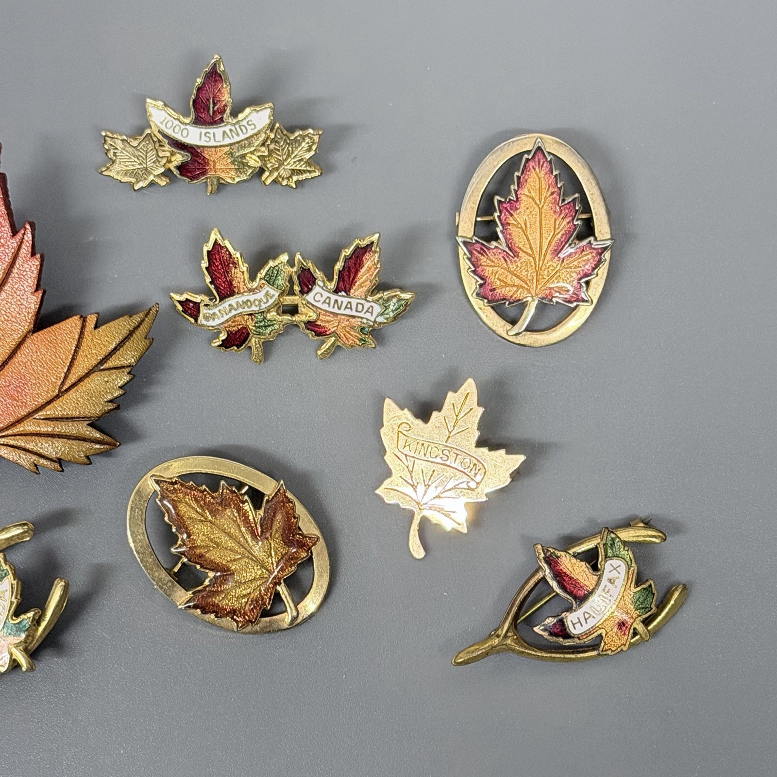 Vintage Canadian Maple Leaf Pins Brooches Lot Of 8 Leather Metal Enameled
