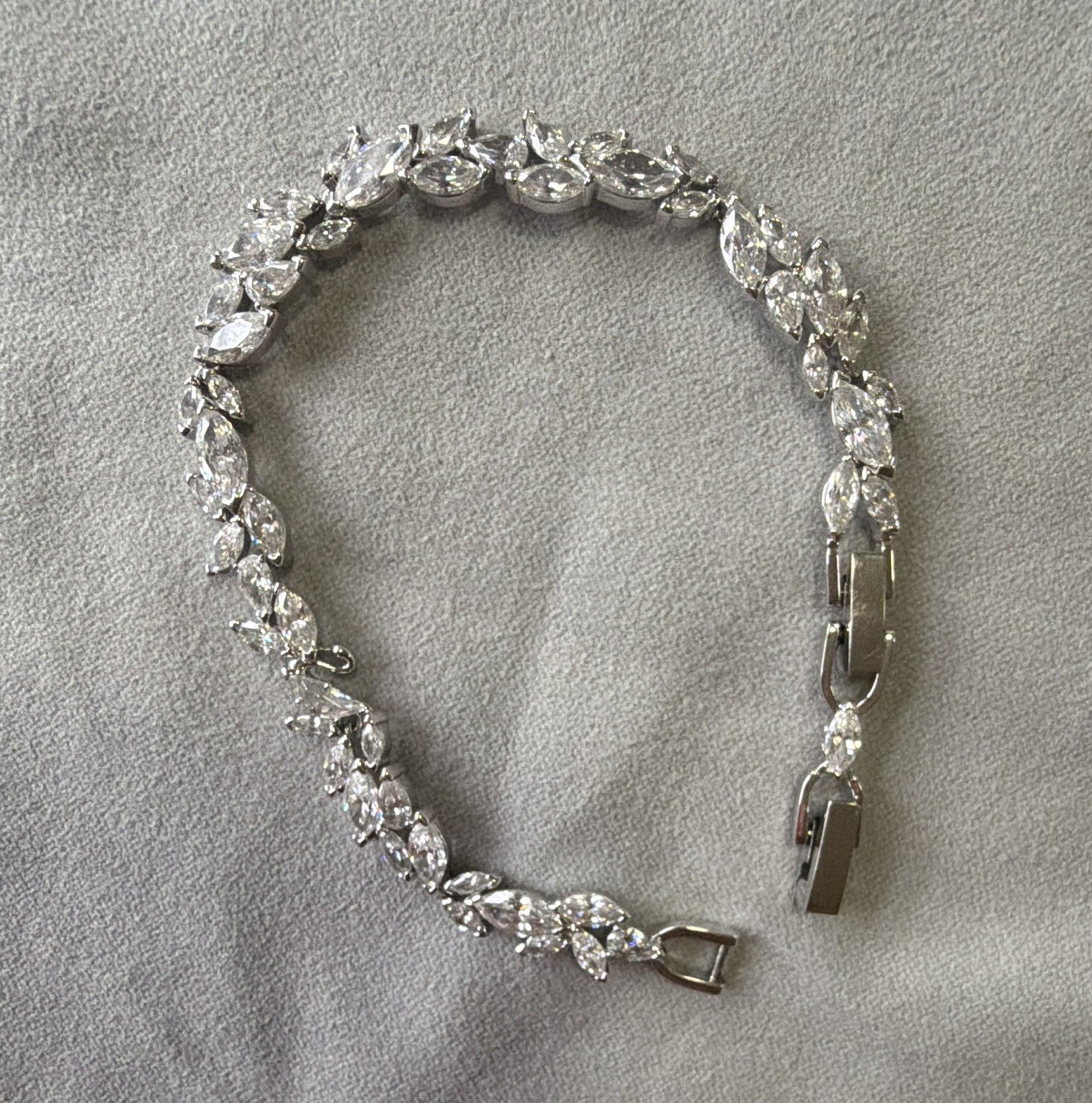 Silver Tone Marquise-Cut Clear Crystal Tennis Bracelet Chain Double Box Clasp