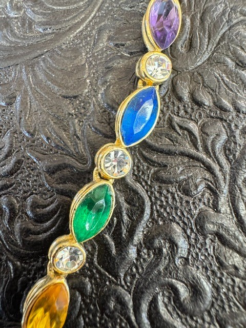 Vintage Gold Tone Rainbow Marquise Rhinestone Tennis Bracelet Purple Blue Green