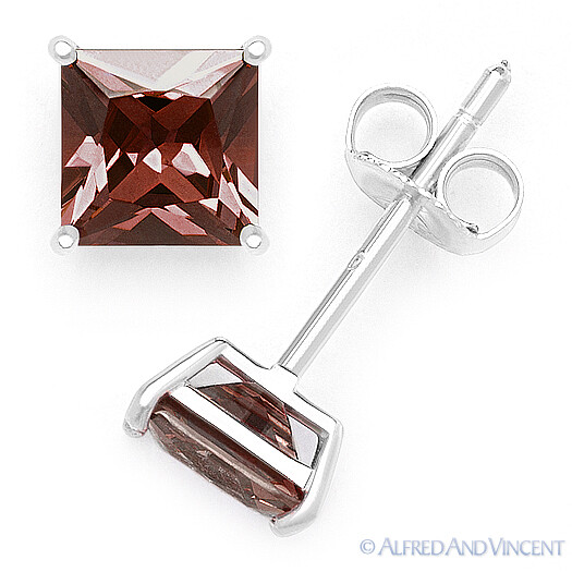 Princess Cut Simulated Garnet CZ Crystal Stud Earrings in .925 Sterling Silver