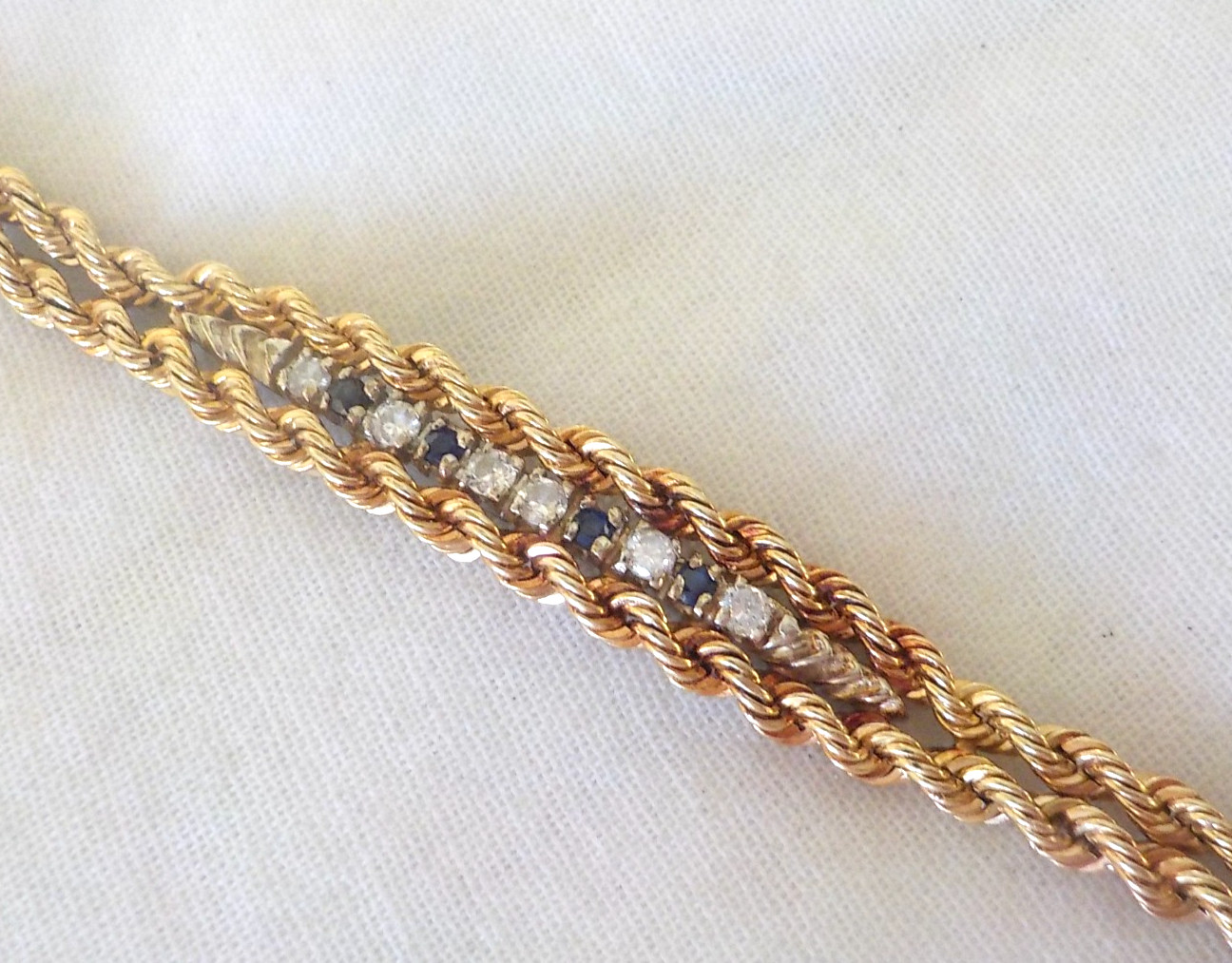 Solid 14K Yellow Gold Double Rope Sapphire Diamond Bracelet – 11.32 gms, 7.2 in