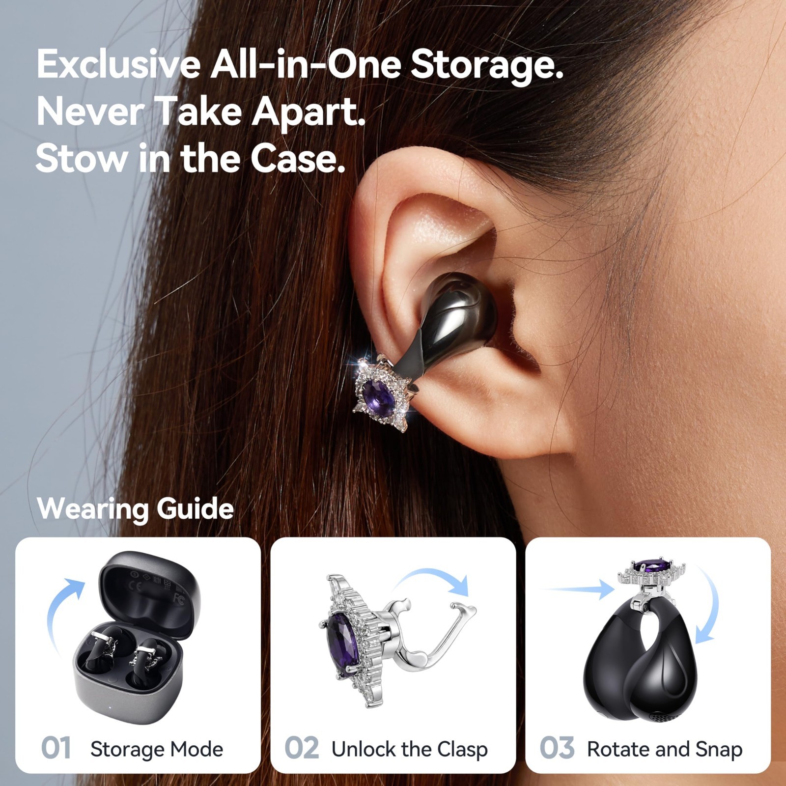 Comfortable Clip-on Earbuds with Zircon Earrings, 70H Playtime, Hi-Res Sound – P