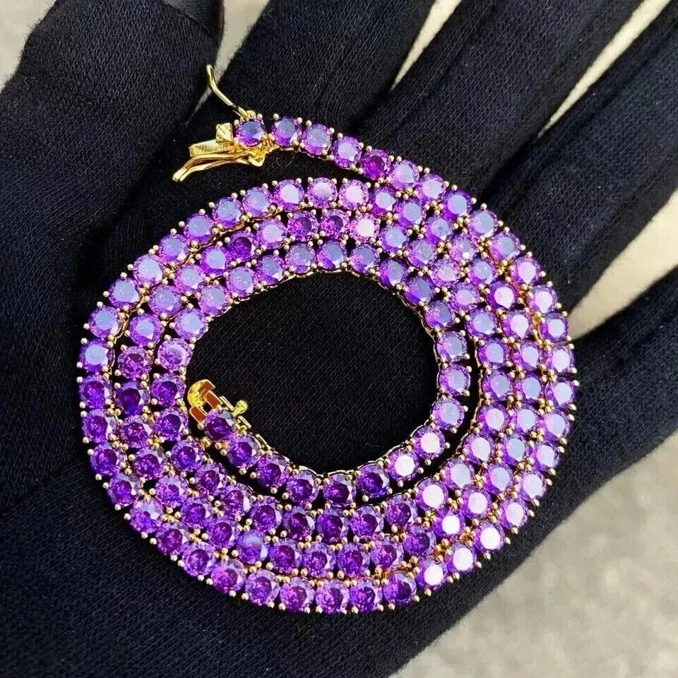 10CT Round Lab Created Amethyst Women’s Tennis Necklace 14K Yellow Gold Finish