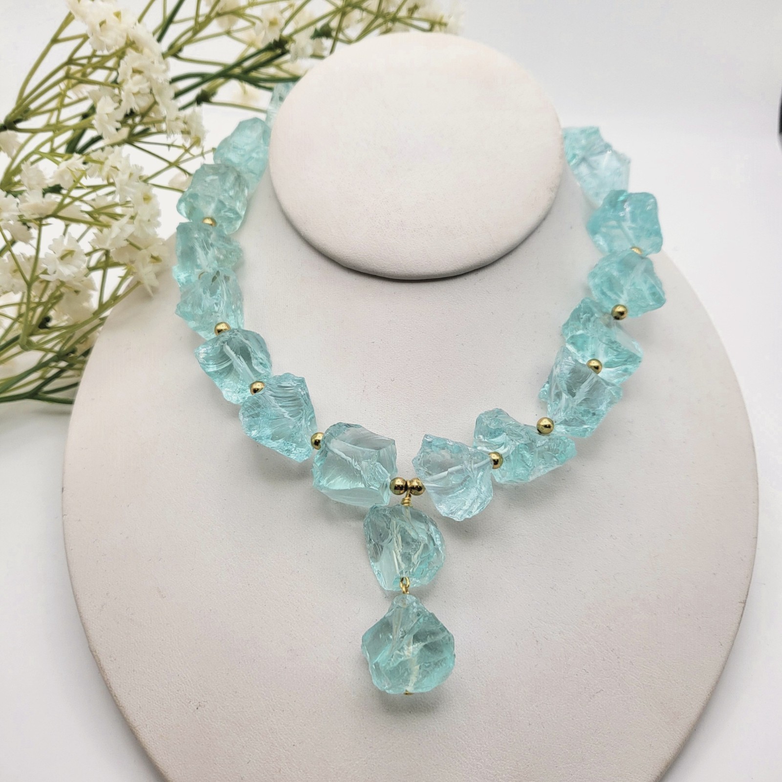 Blue Aqua Aquamarine Nugget Statement Necklace, March Birthstone, Gold 18″