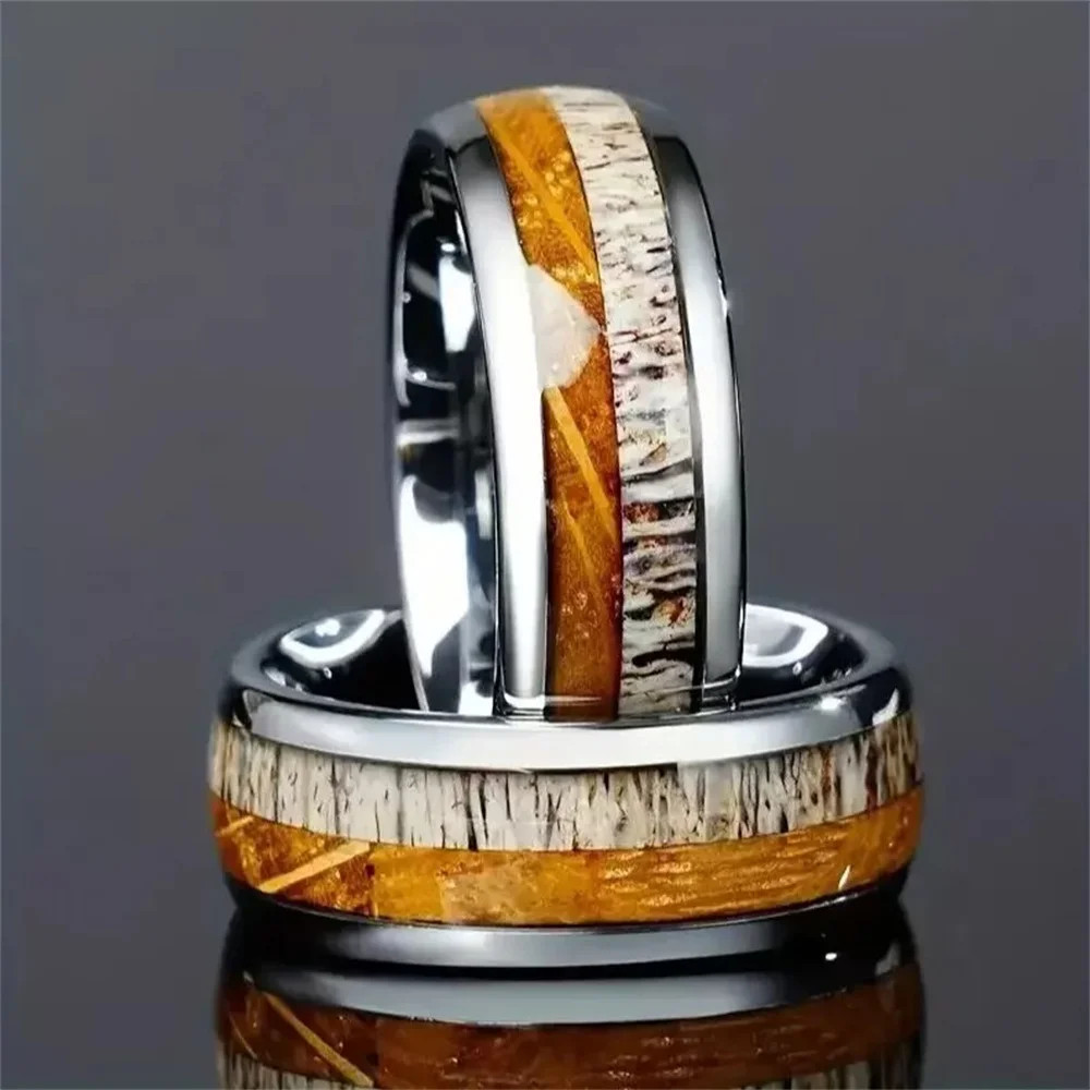 Bagues en acier inoxydable pour hommes, 8mm, couleur argent, bois de cerf brossé