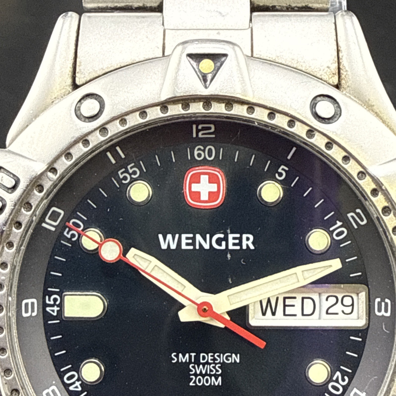 Wenger SMT Design 200m Quartz Black Dial Day-Date Men’s Watch Good Lume New Batt