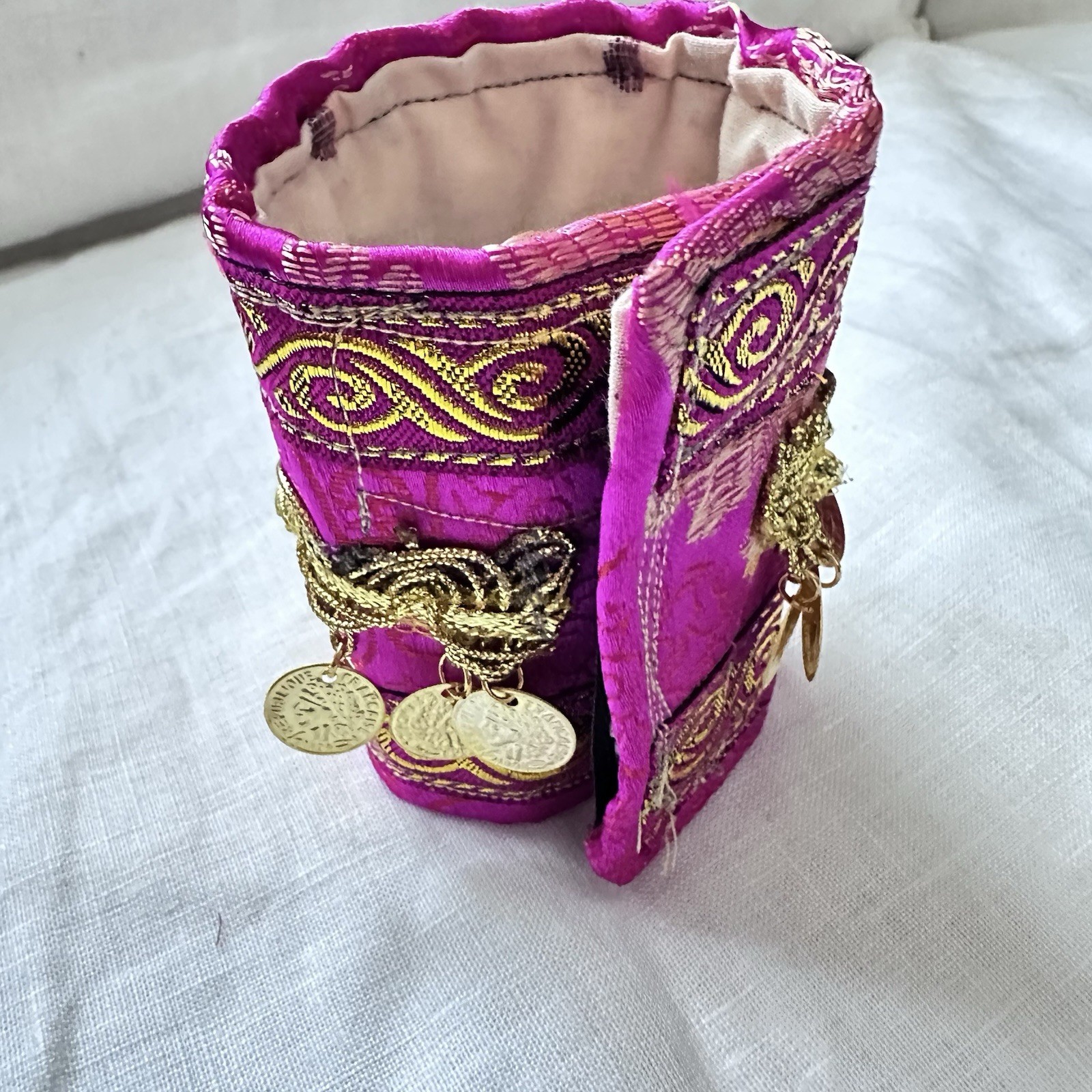 Artisan Fuchsia and Gold Coin Cuff Bracelet Adjustable Wrist Jewelry Art Signed