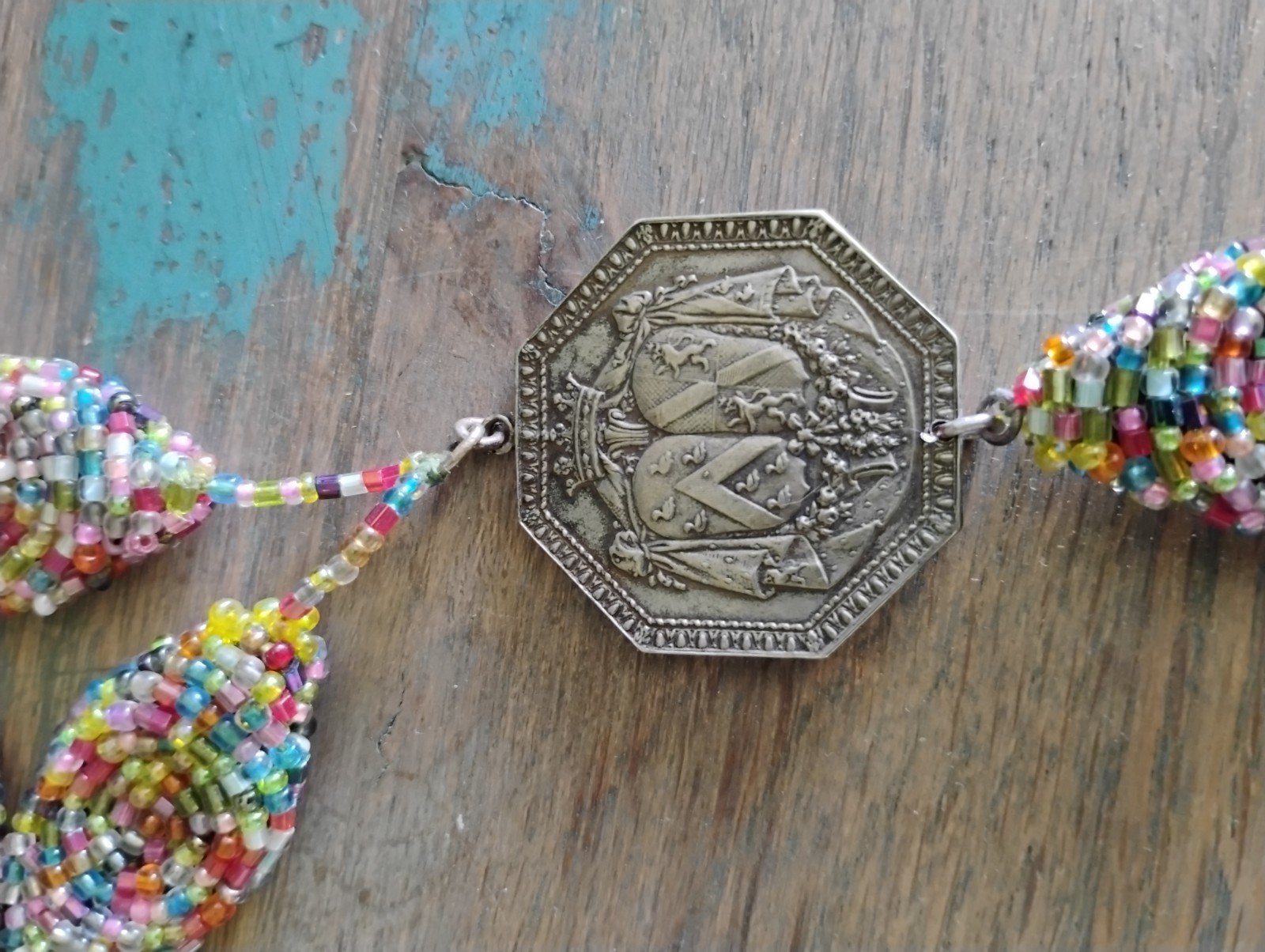 Stunning Antique Medal With Vintage Seed Beads Tassel Necklace Original