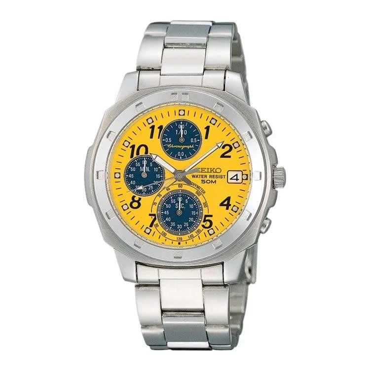 SEIKO SND409P1 Yellow Silver Band Analog Waterproof 5BAR Men’s Watch New in Box