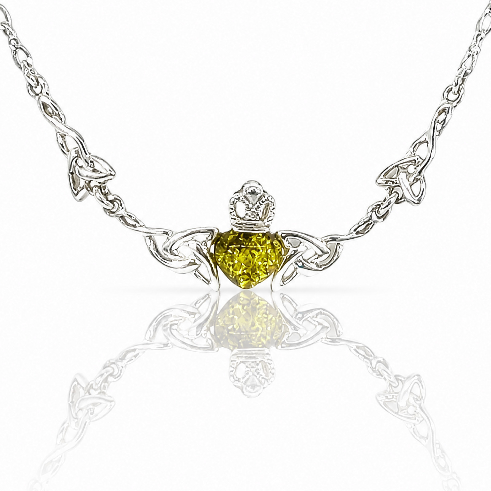 Vintage 925 Sterling Silver Green Baltic Amber Irish Celtic Claddagh Necklace