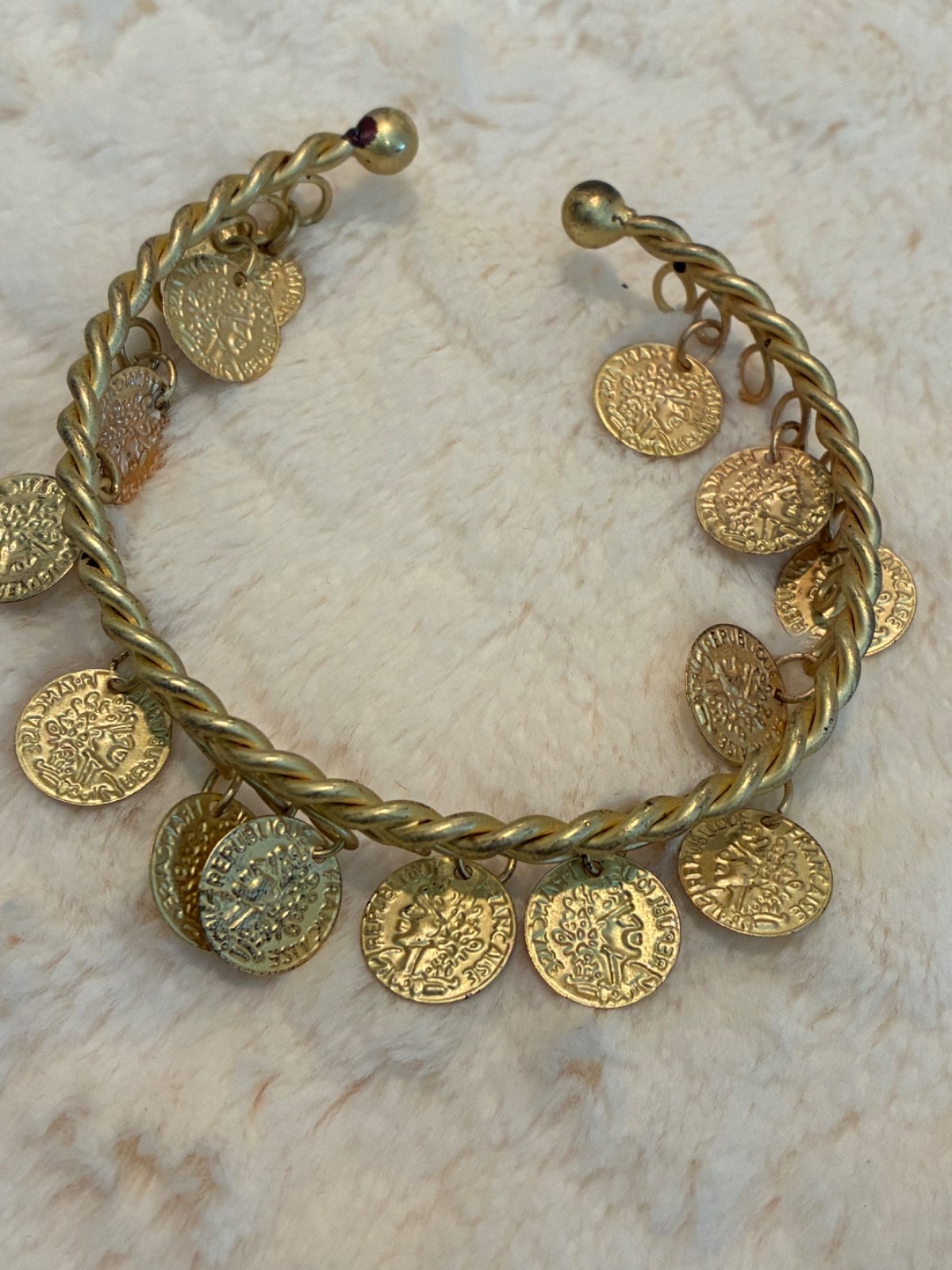 Roman Style Gold Tone Dangling Coin Bib Bar Costume Necklace & Armband