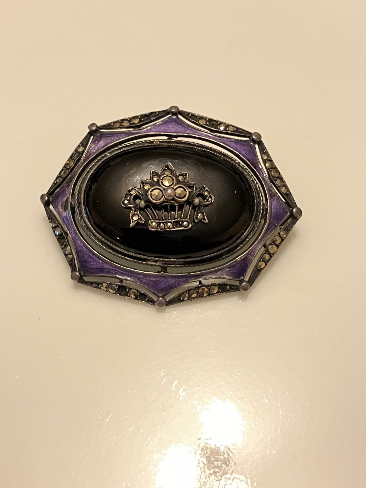 vintage sterling silver enamel and marcasite pin – brooch. (as found condition)