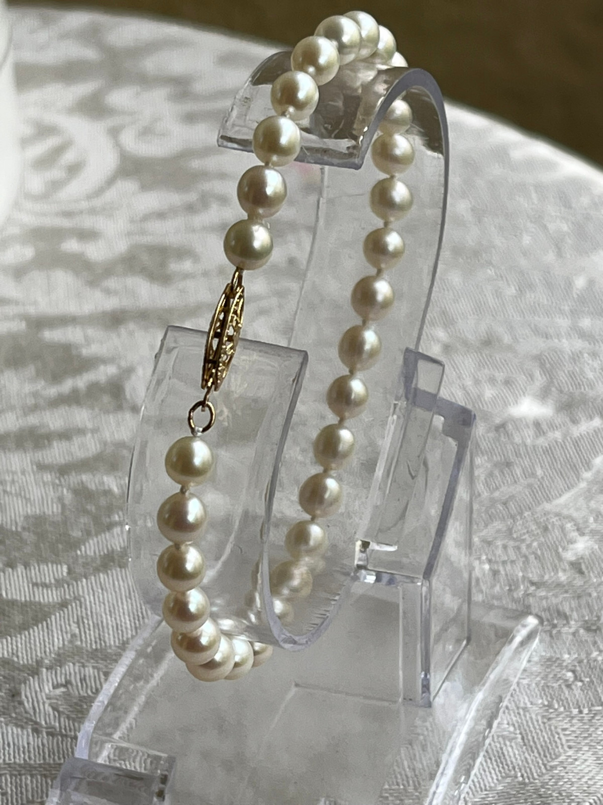 14K Grassman-Blake Solid Yellow Gold 5.4mm White FW Pearl Bracelet 7″ 6.16 Gr