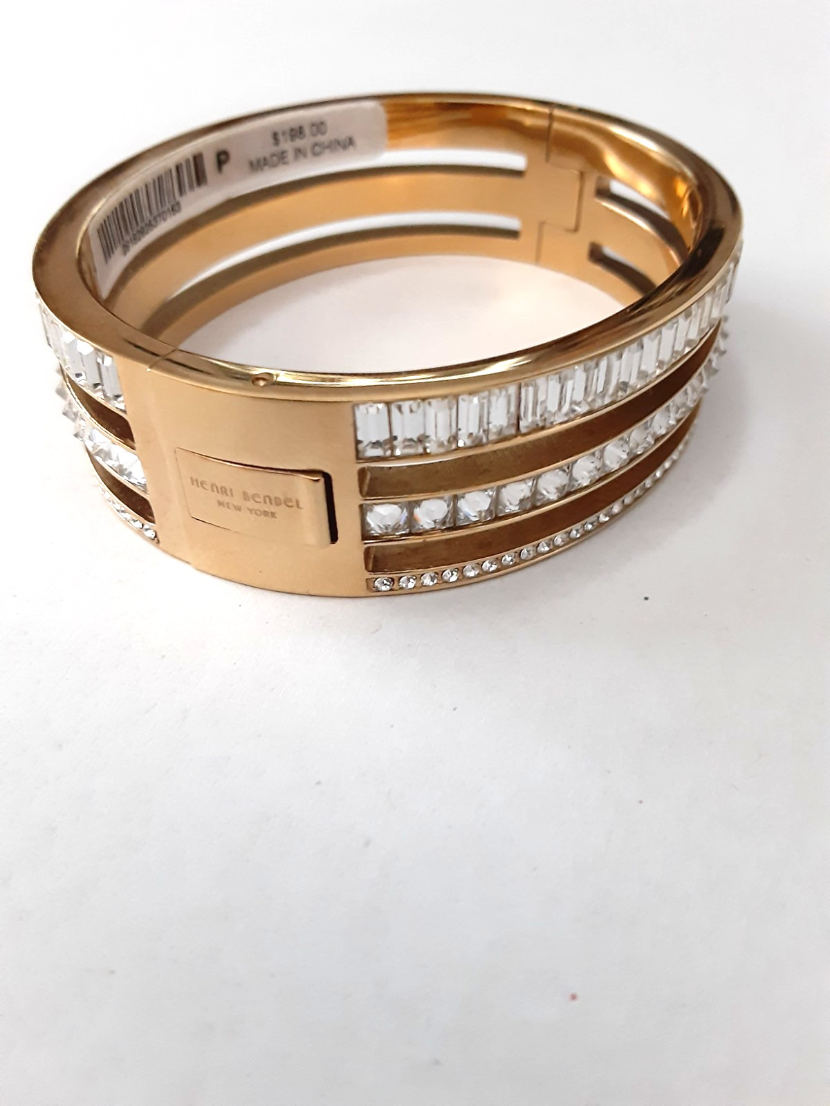 Henri Bendel New York Gold Tone Pave Crystal Hinged 3 Tier Bangle Bracelet