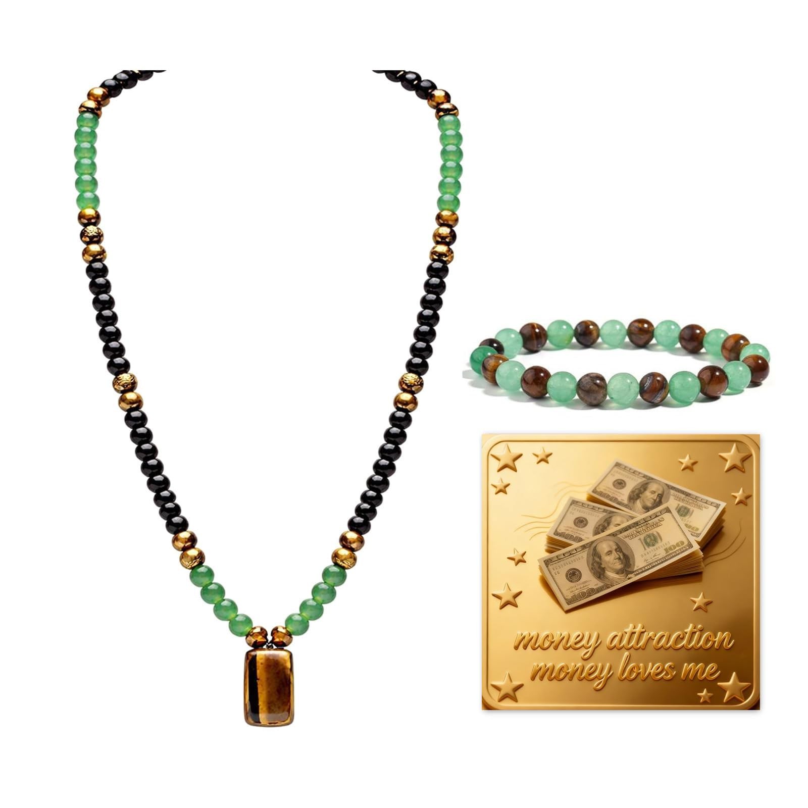 Money Necklace Bracelet Jewelry Set for Men Money Attraction Green Beaded Tig…