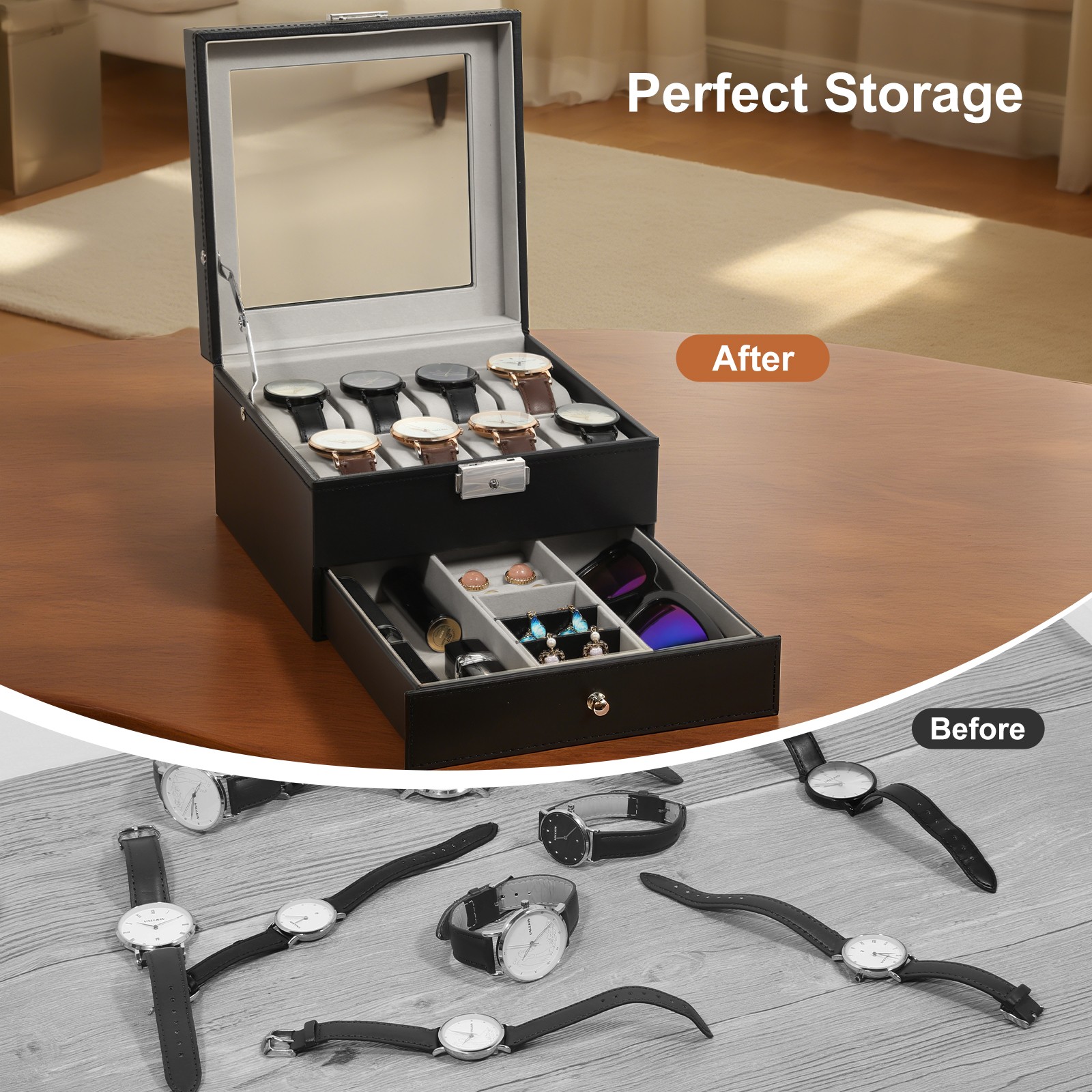 8 Slot PU Leather Watch Box Glass Top Organizer Jewelry Display Case New