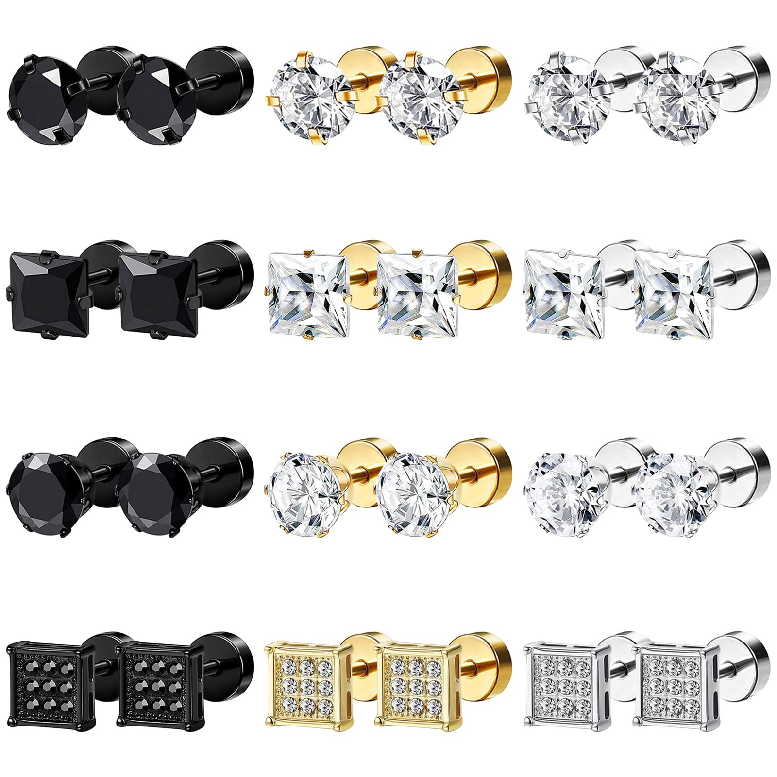 12 Pairs Stainless Steel Stud Earrings for Men Hypoallergenic Earring Flatbac…