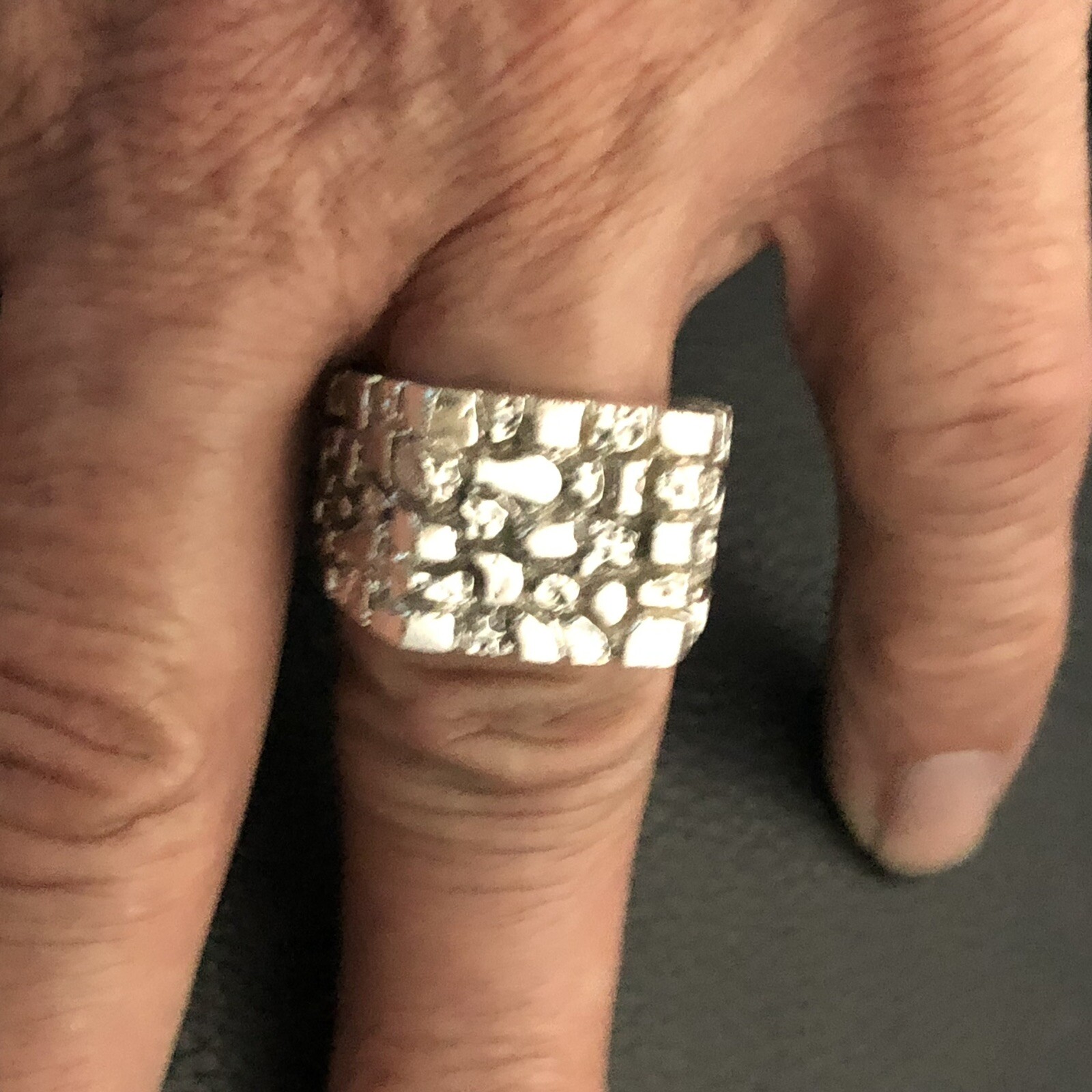 MJG STERLING SILVER . HEAVY NUGGET RING. BIKER. 31 GRAMS. STARTS AT SIZE 9