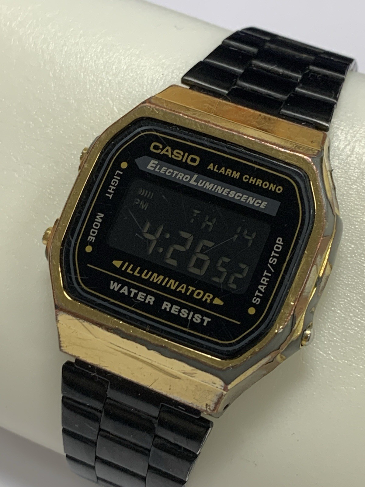 Vintage Casio A168WE Black Gold Tn Digital Watch Illuminator Alarm Chrono Works