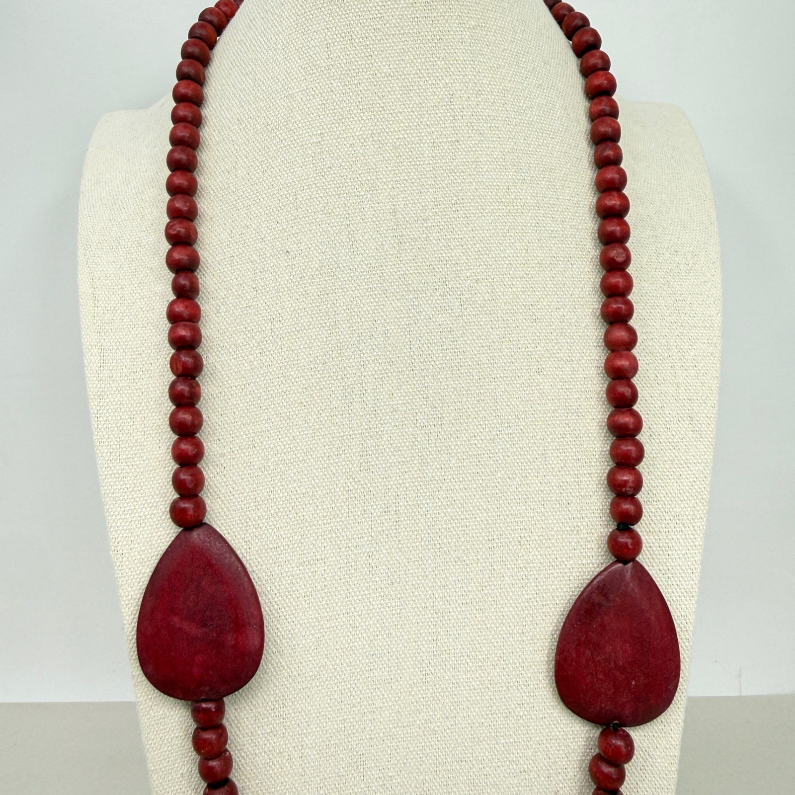 Wood Bead Long Necklace Teardrop Statement Boho Artsy Maroon Burgundy Red
