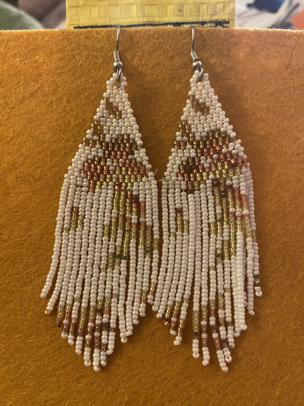 Beaded Earrings Handmade In Alaska White And Gold Dangly Beautiful Statement