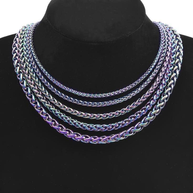 Braided Wheat Link 3-7mm Mens Chain Rainbow Stainless Steel Necklace Gift