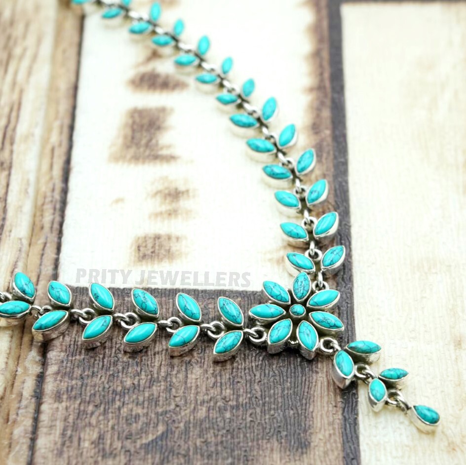 Natural Turquoise Necklace 925 Sterling Silver Handmade Gemstone Jewelry