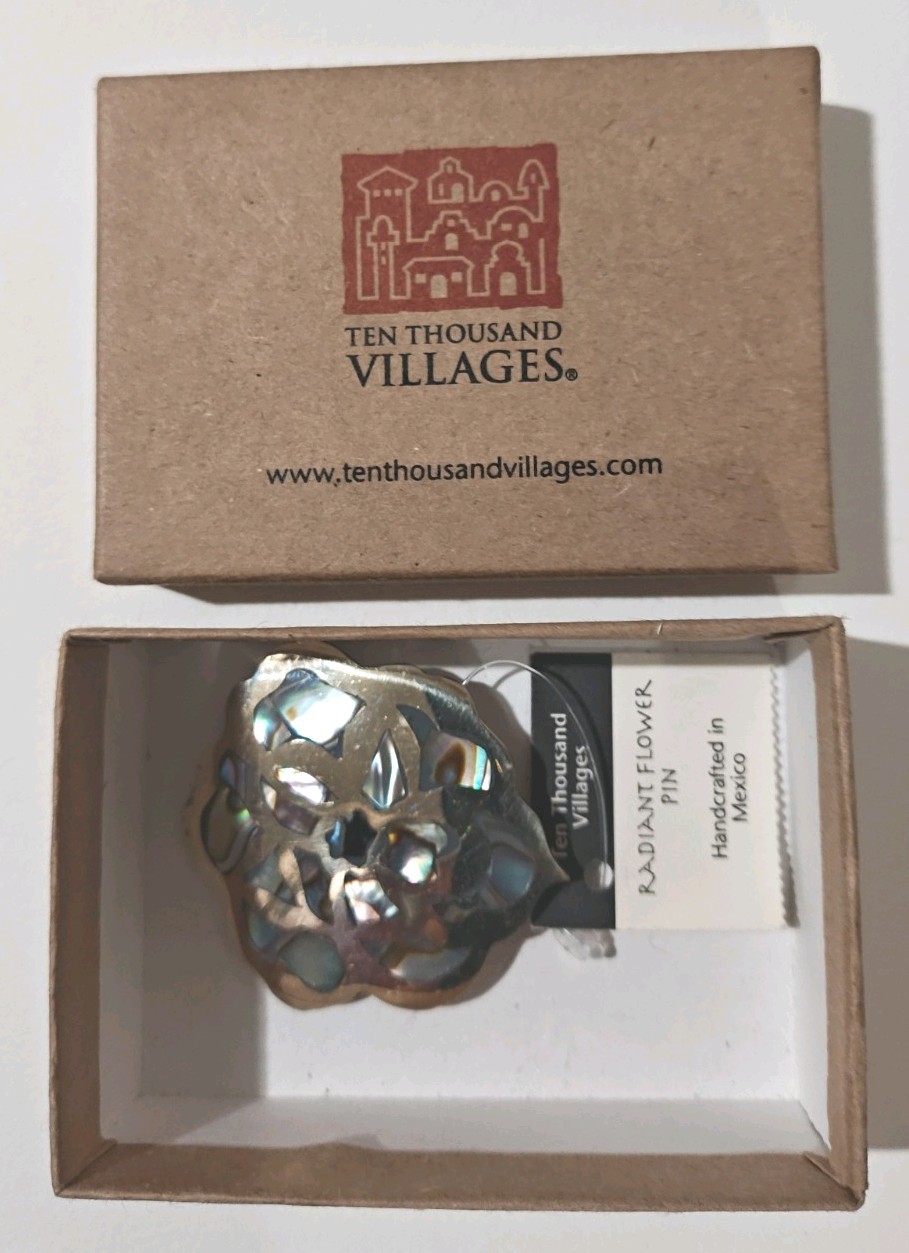 Ten Thousand Villages Mexican Abalone Shell Radiant Flower Pin Brooch Hdcrfted