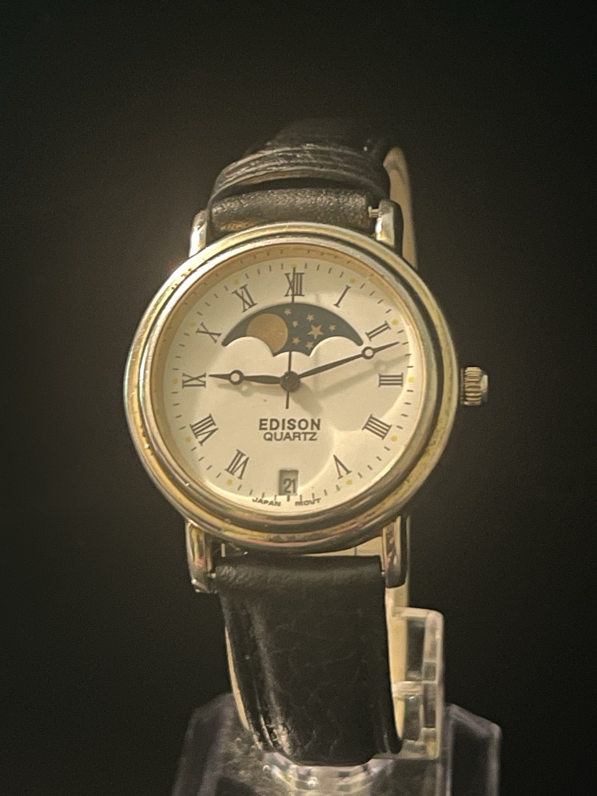 Vintage Edison Quartz Moon Phase Date Dress Watch Roman Dial Japan Movement Runs