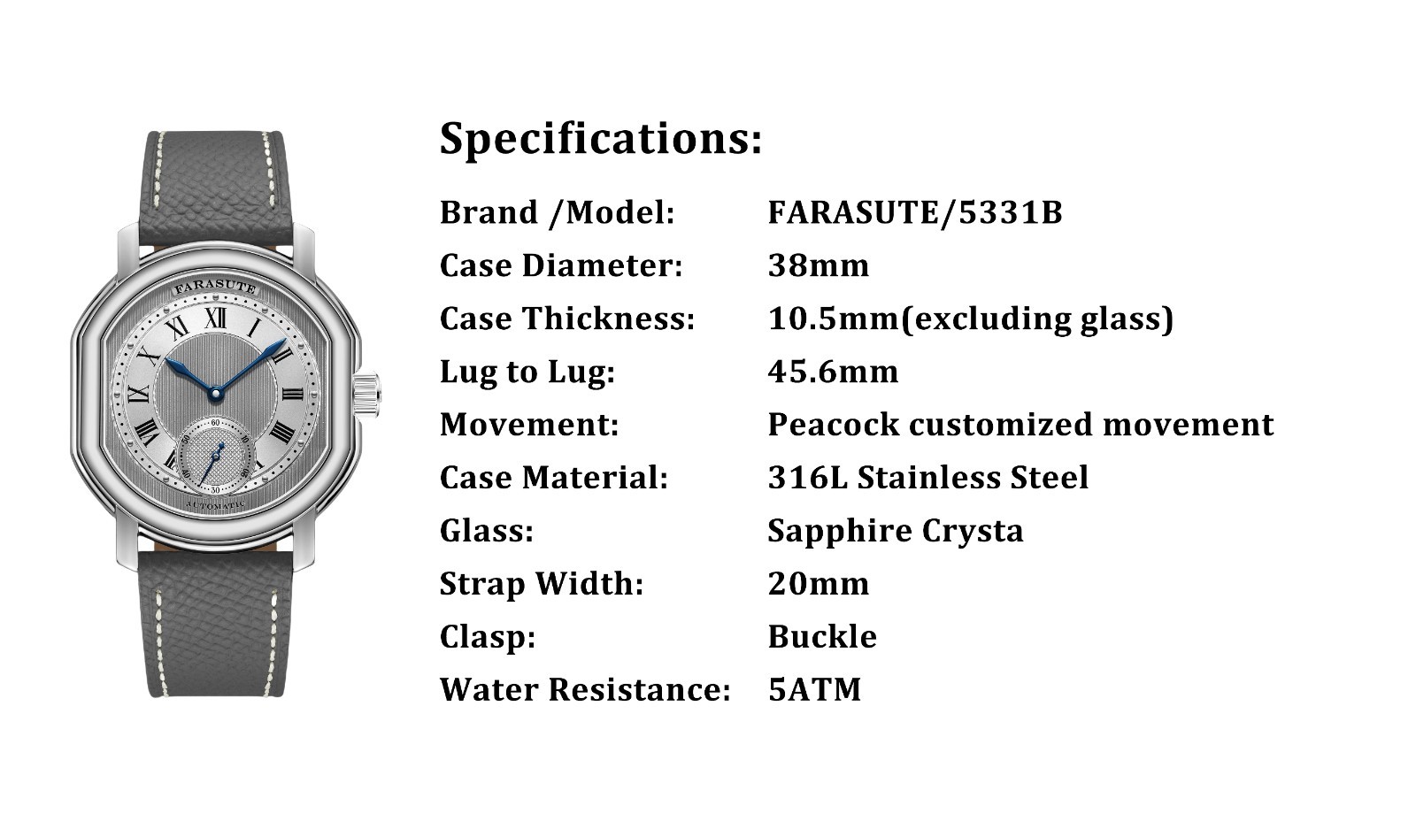 FARASUTE Men Automatic Watch 38mm Mechanical Wristwatch Oval Case Peacock Mov.