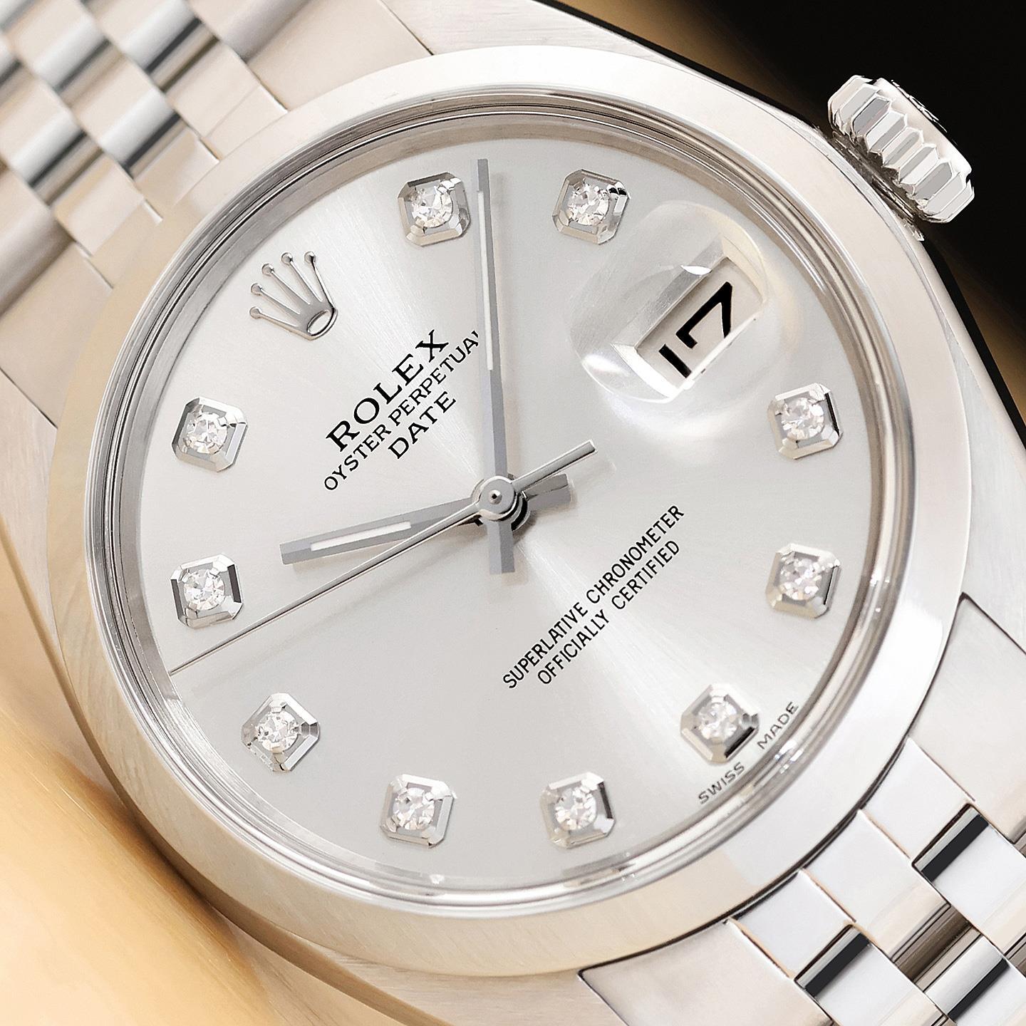 ROLEX OYSTER PERPETUAL DATE 1500 SILVER DIAMOND DIAL STAINLESS STEEL 34MM WATCH