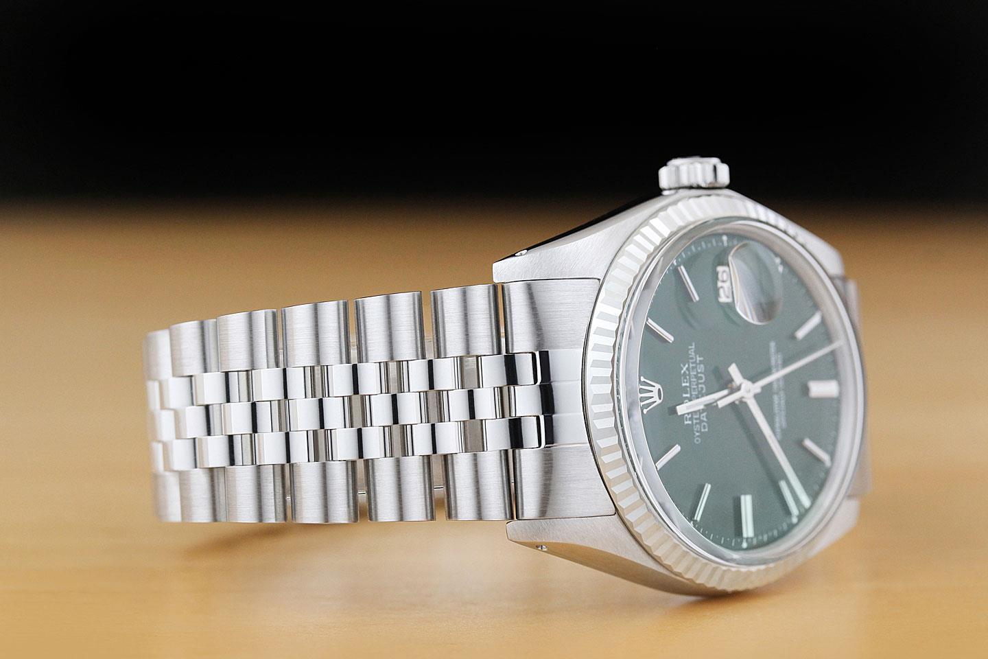 ROLEX MENS DATEJUST GREEN DIAL 18K WHITE GOLD STEEL WATCH w/ JUBILEE BRACELET