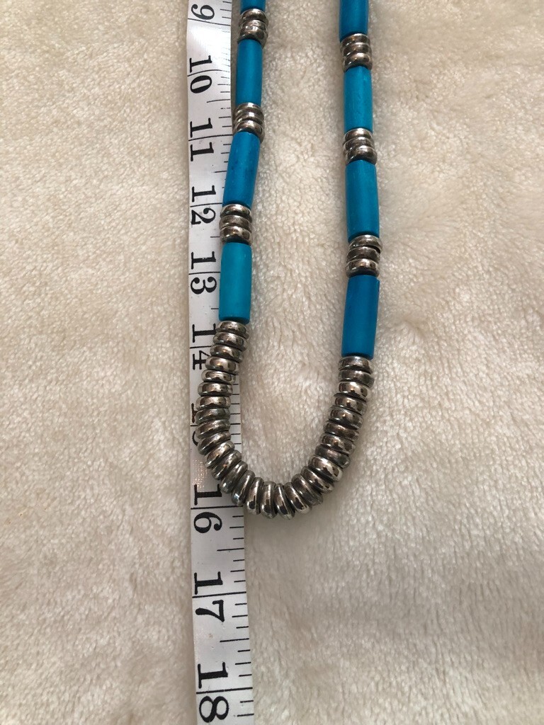 Turquoise colored and silvertoned necklace – authenticity not guaranteed, 16″