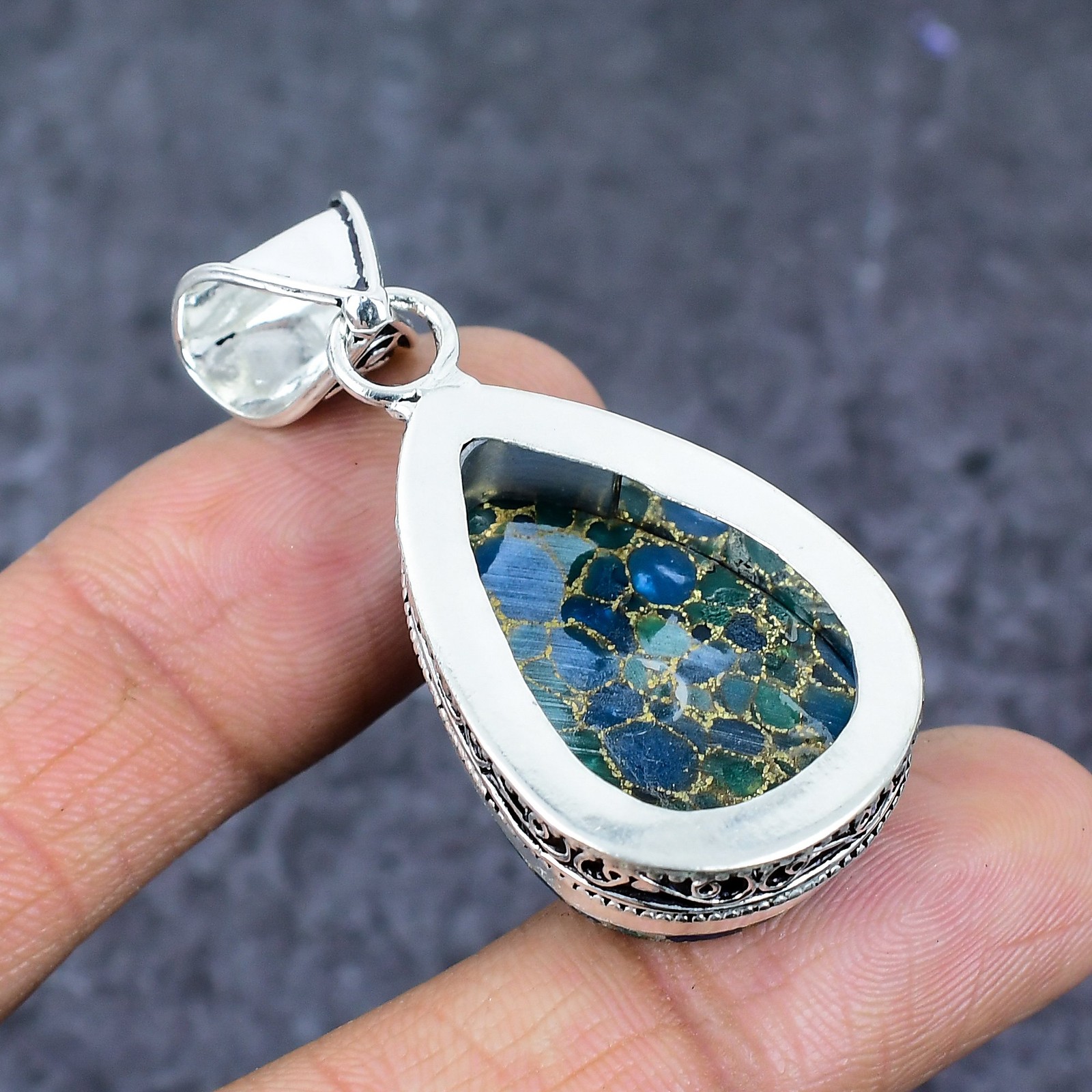 Copper Blue Turquoise Gemstone 925 Sterling Silver Jewelry Pendant 2.05″ K597