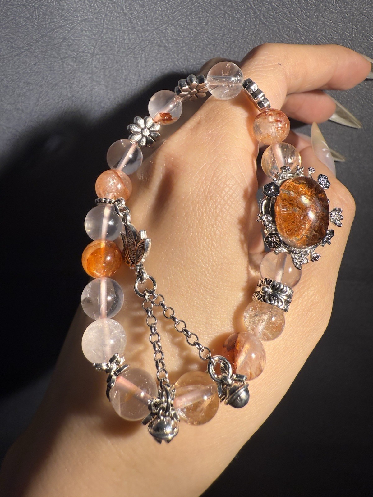 9.2mm High Grade Natural Fire Hematoid Crystal/ Phantom Crystal Charm Bracelet