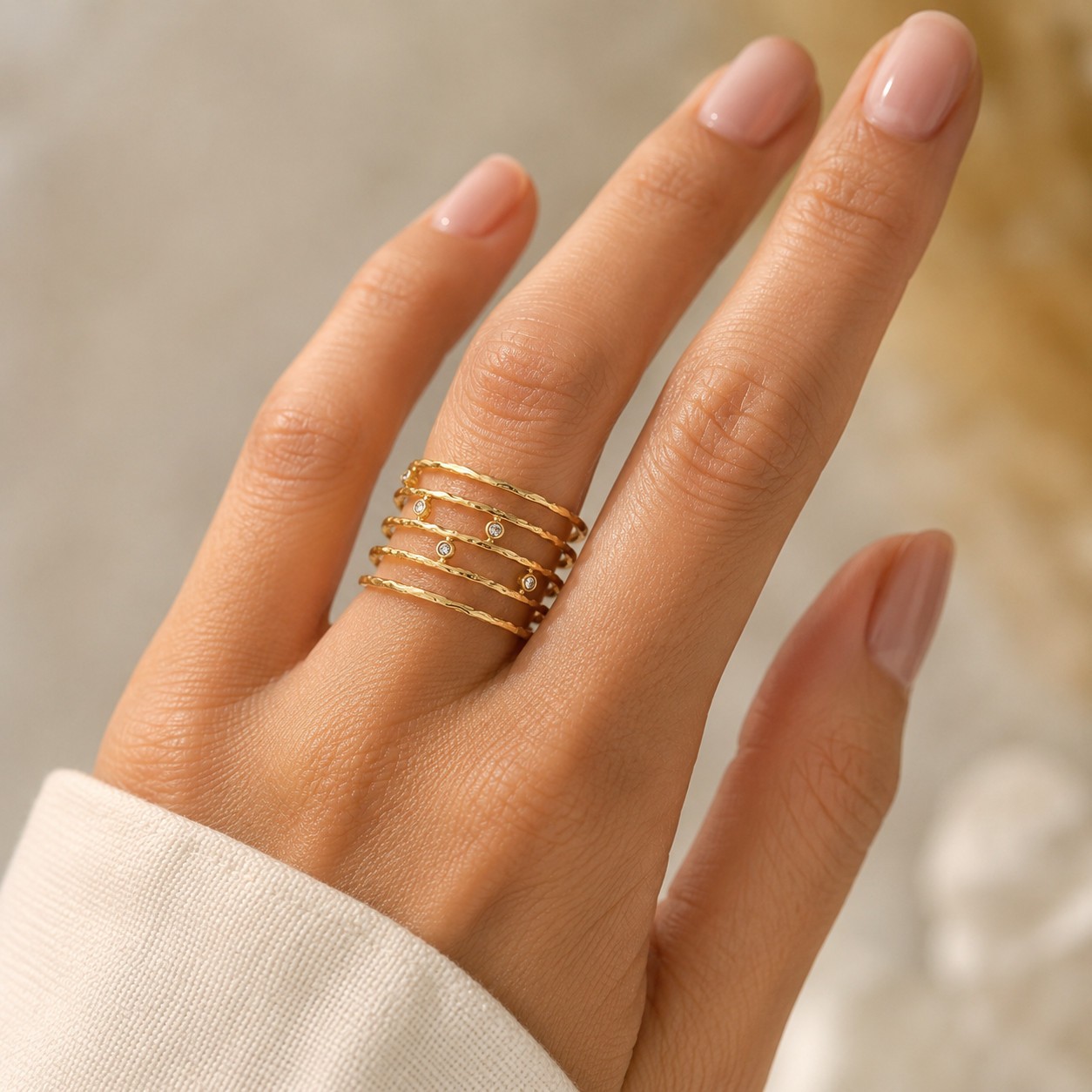 Gold Plated Stainless Steel CZ Open Cuff Ring Hammered Adjustable Jewelry