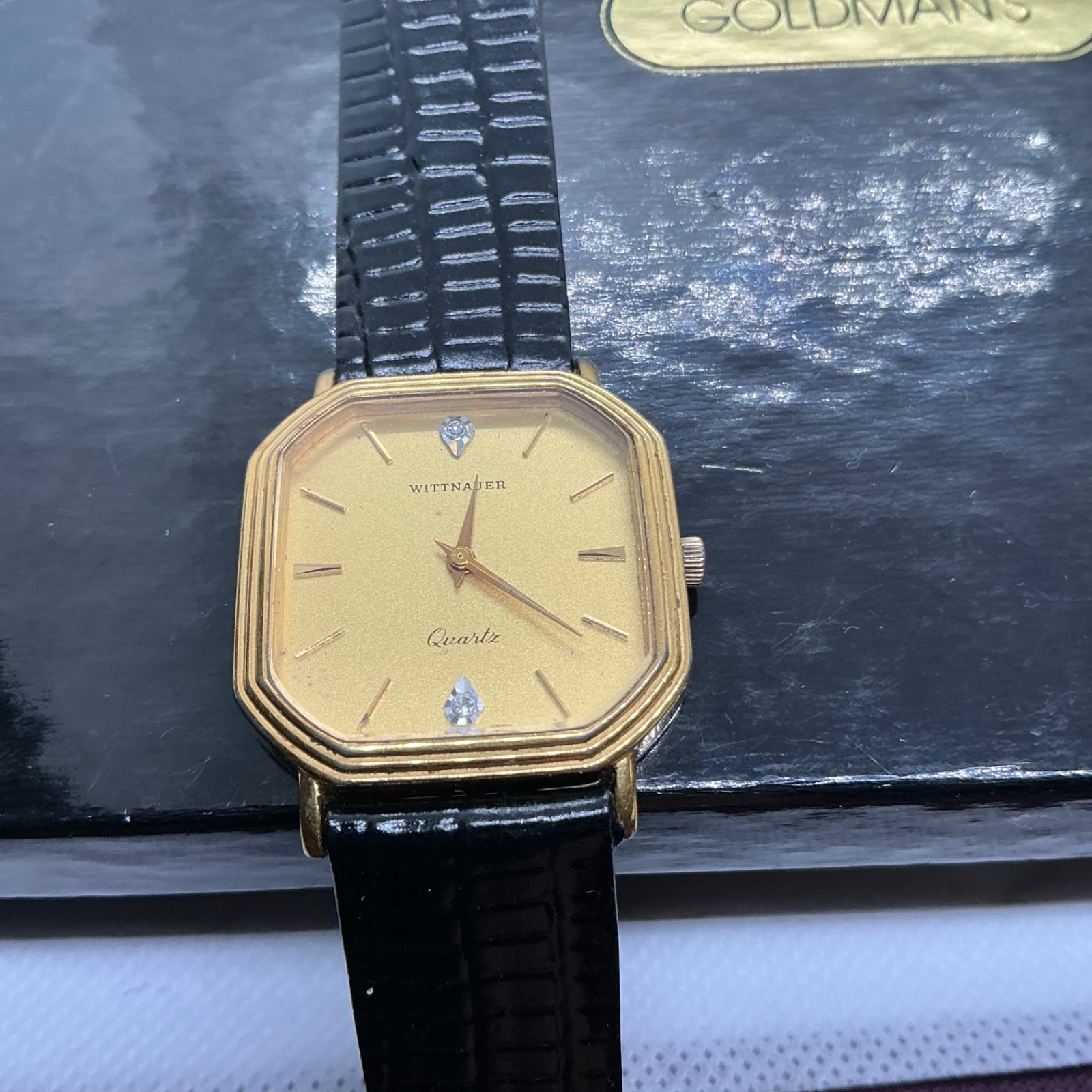 Vintage WITTNAUER TANK Watch Quartz Gold Tone Swiss 2 diamond indices