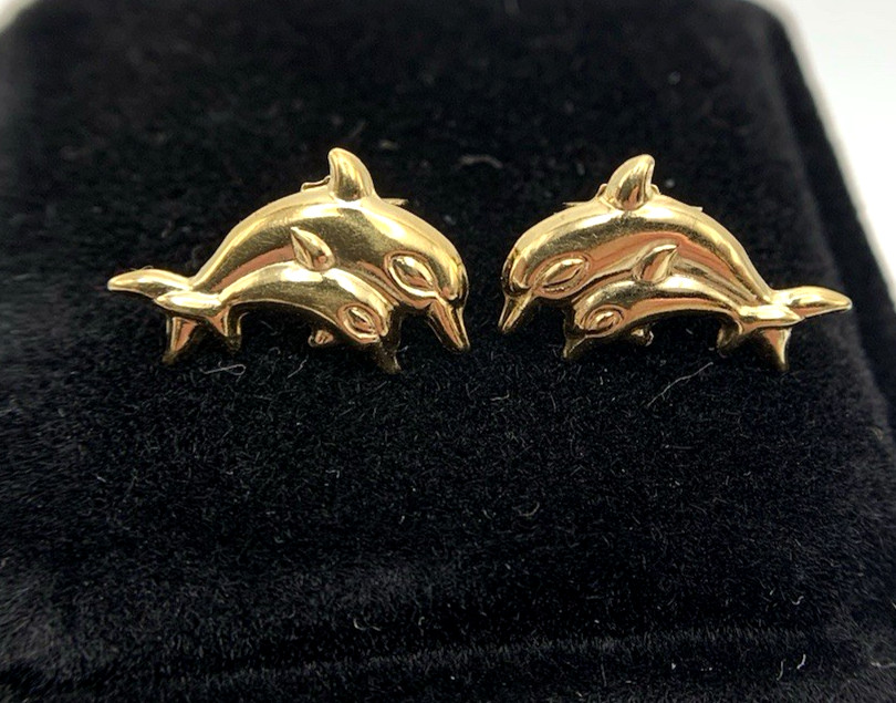 18k .750 Gold DOLPHIN Earrings,14.3mm x 10.2,1.5g,by “AR 348”, FREEgfBx($5valu.