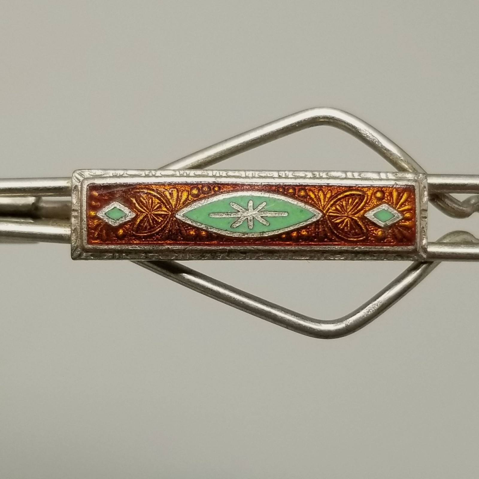 Vintage Orange Green Enamel Tie Bar Clip Silver Tone Retro Unsigned