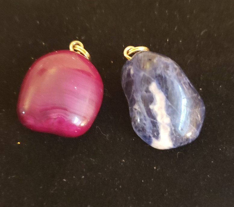Whimsical, Boho, Earthy – Two Polished Stone Pendants – Red/Burgundy and Blue