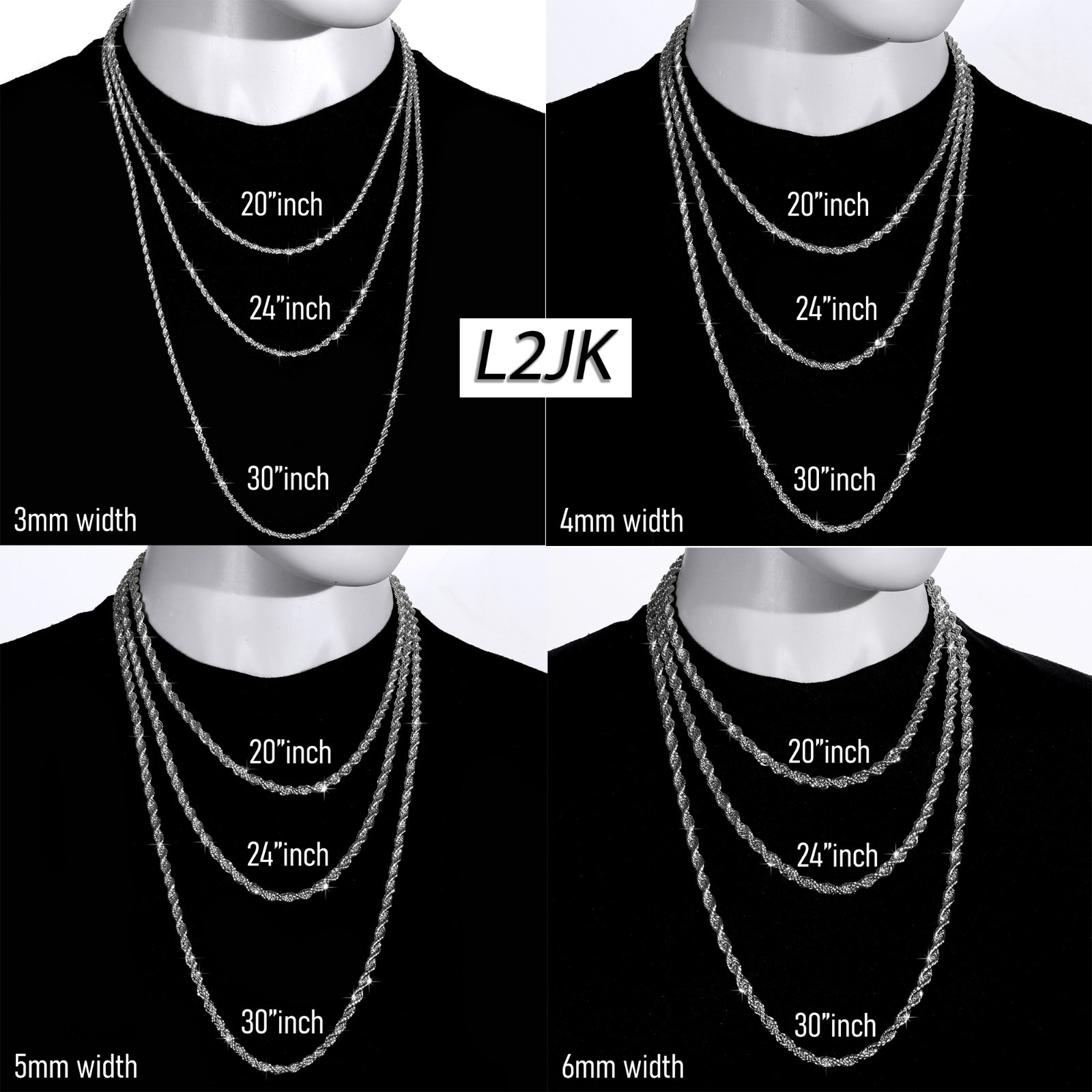 Rope Chain Necklace 3mm, 4mm, 5mm & 6mm – 20″ 24″ 30″ Silver Plated Mens Jewelry