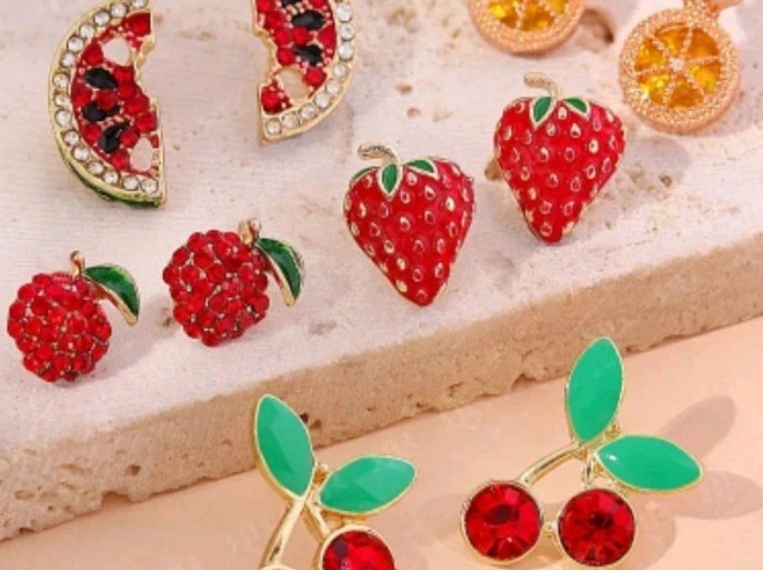 Set Of 5 Micro Mini Stud Earrings, Fruits Embellished With Rinestones. Goldtone
