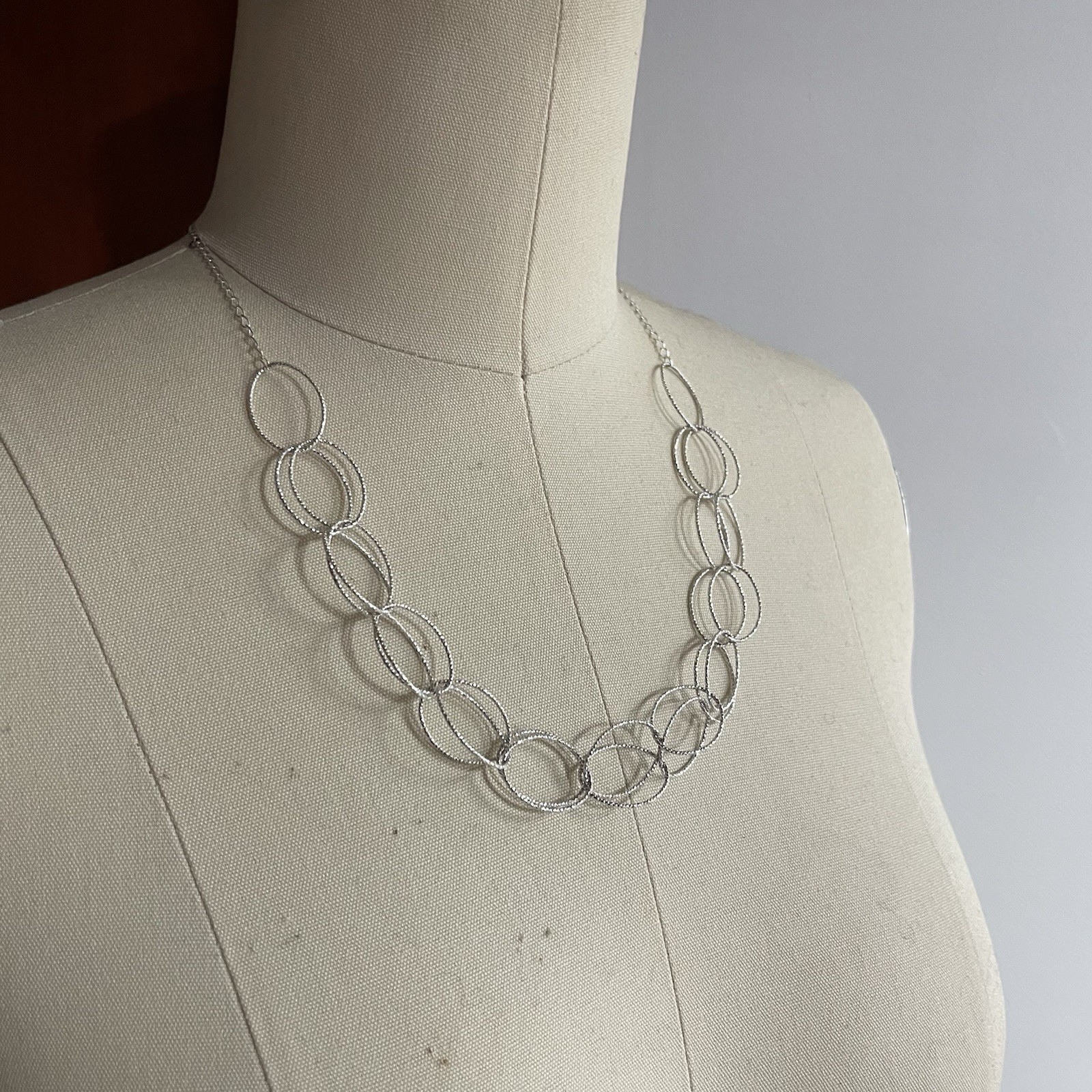 Sterling Silver 925 Textured Double Oval Link 20” Necklace